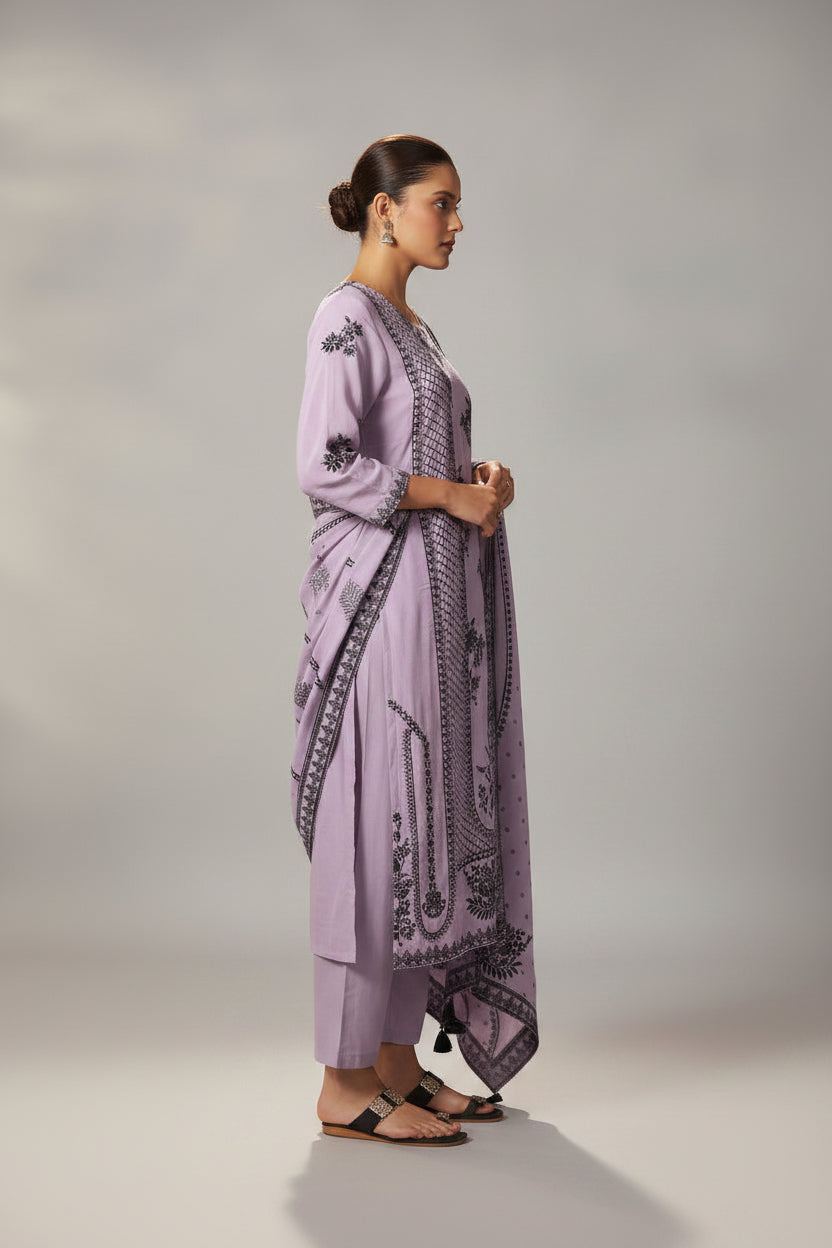Wisteria Lavender Muslin Black Jacquard Kurta Set