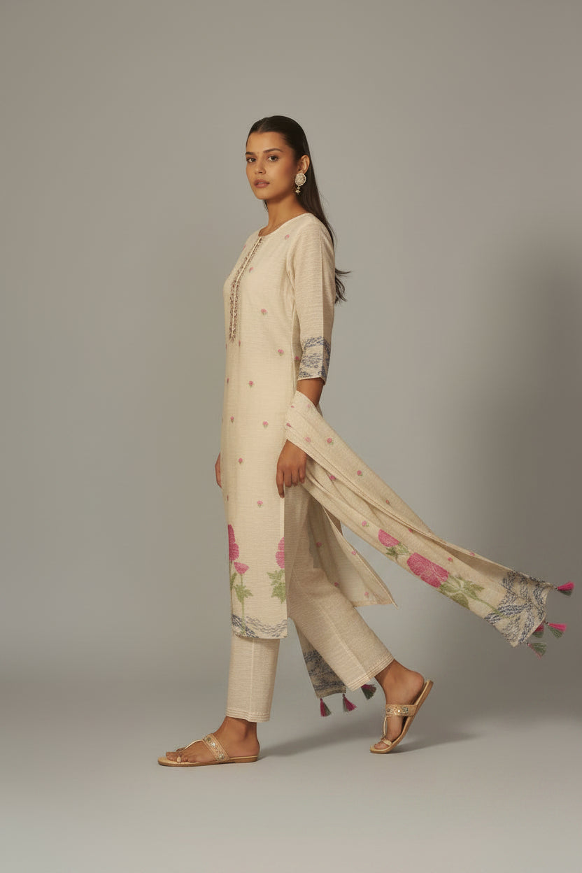 Beige Linen Chanderi Jacquard Kurta Set
