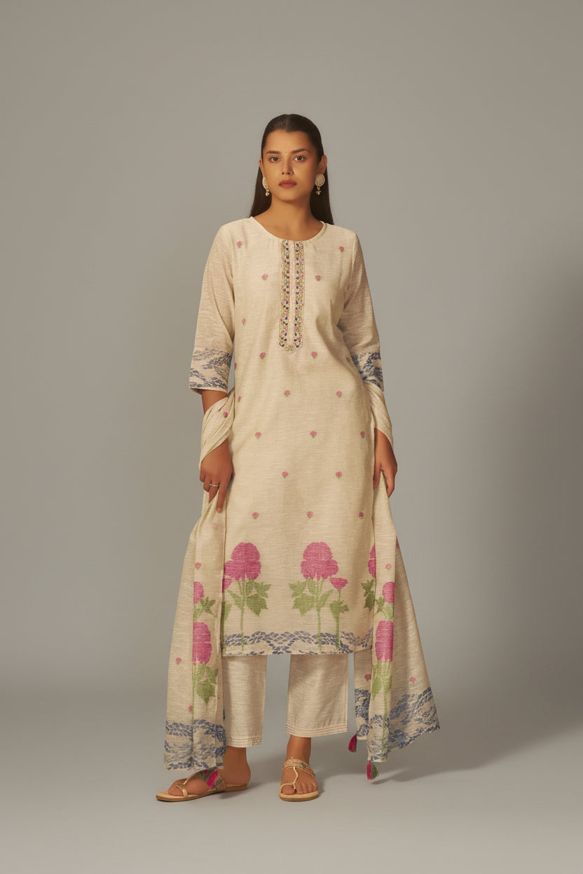 Beige Linen Chanderi Jacquard Kurta Set
