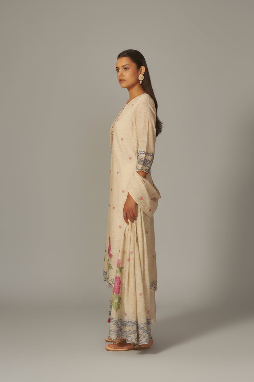 Beige Linen Chanderi Jacquard Kurta Set