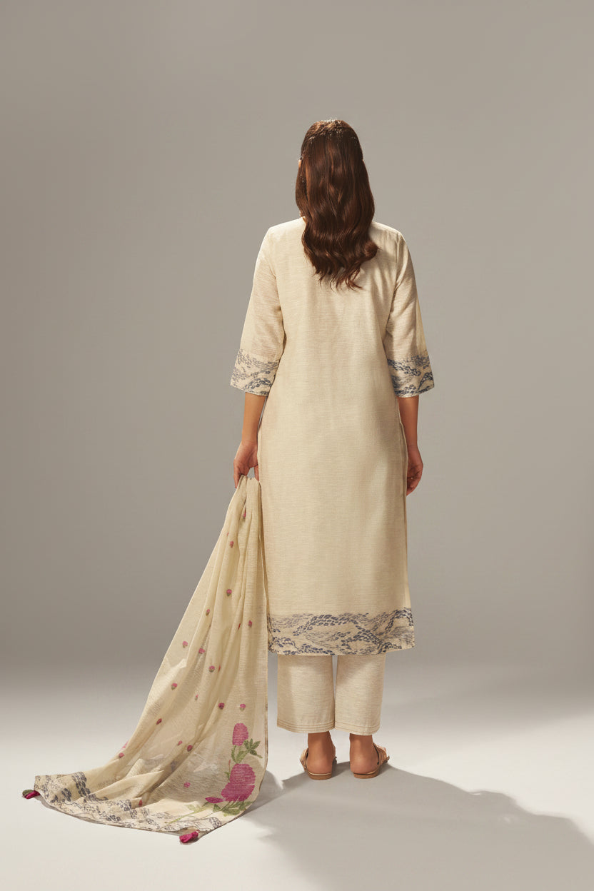 Beige Linen Chanderi Jacquard Kurta Set
