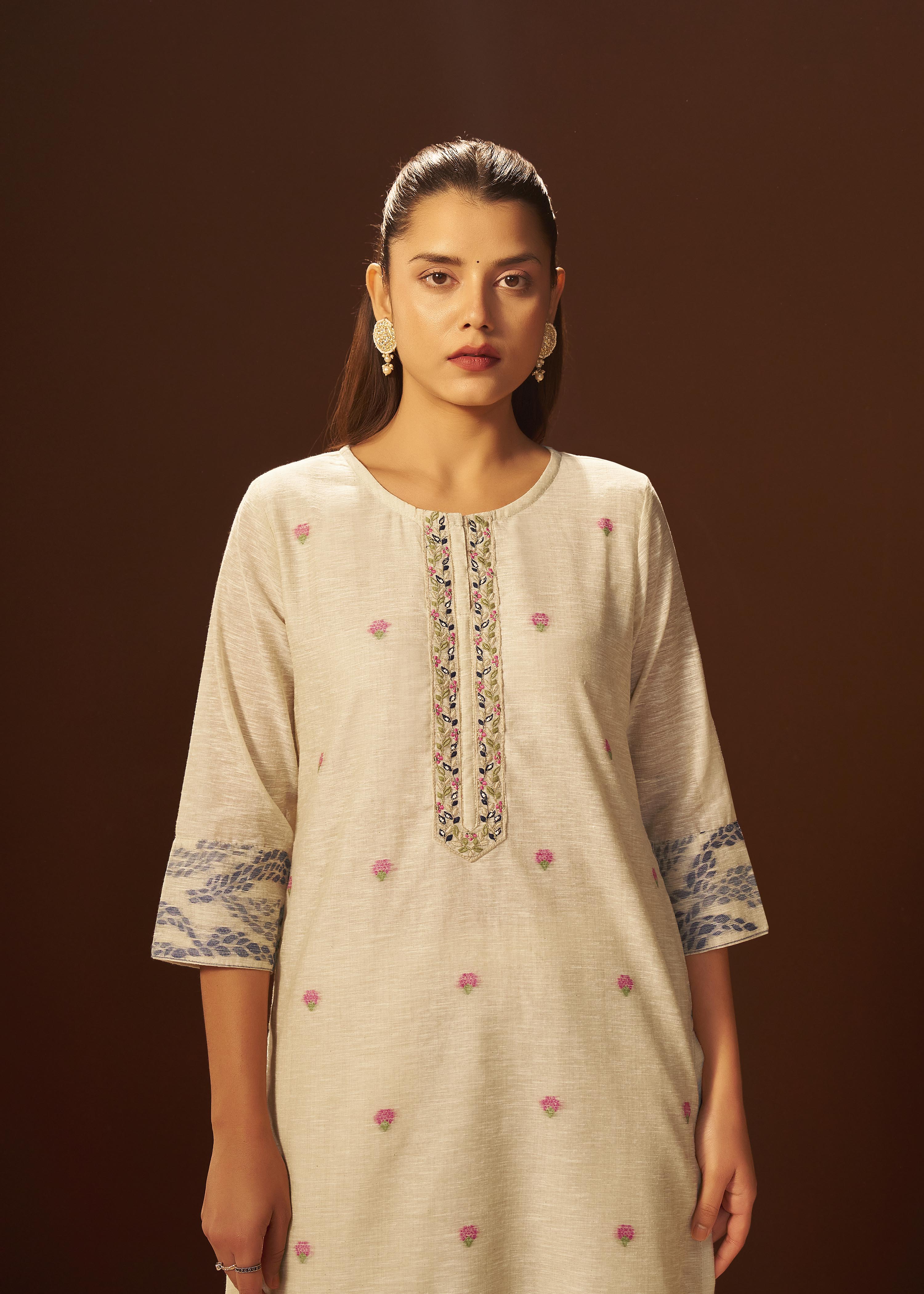 Beige Linen Chanderi Jacquard Kurta Set