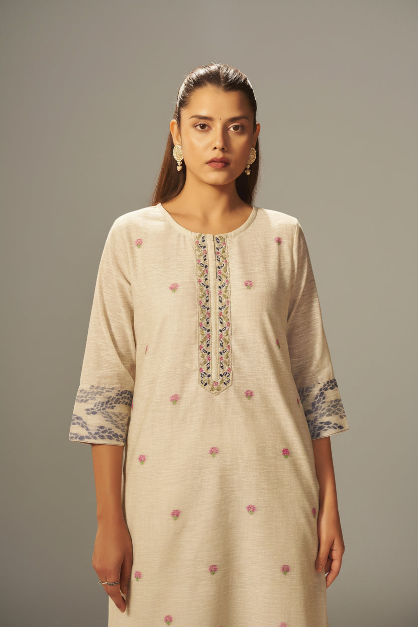 Beige Linen Chanderi Jacquard Kurta Set
