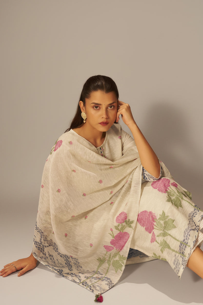 Beige Linen Chanderi Jacquard Kurta Set