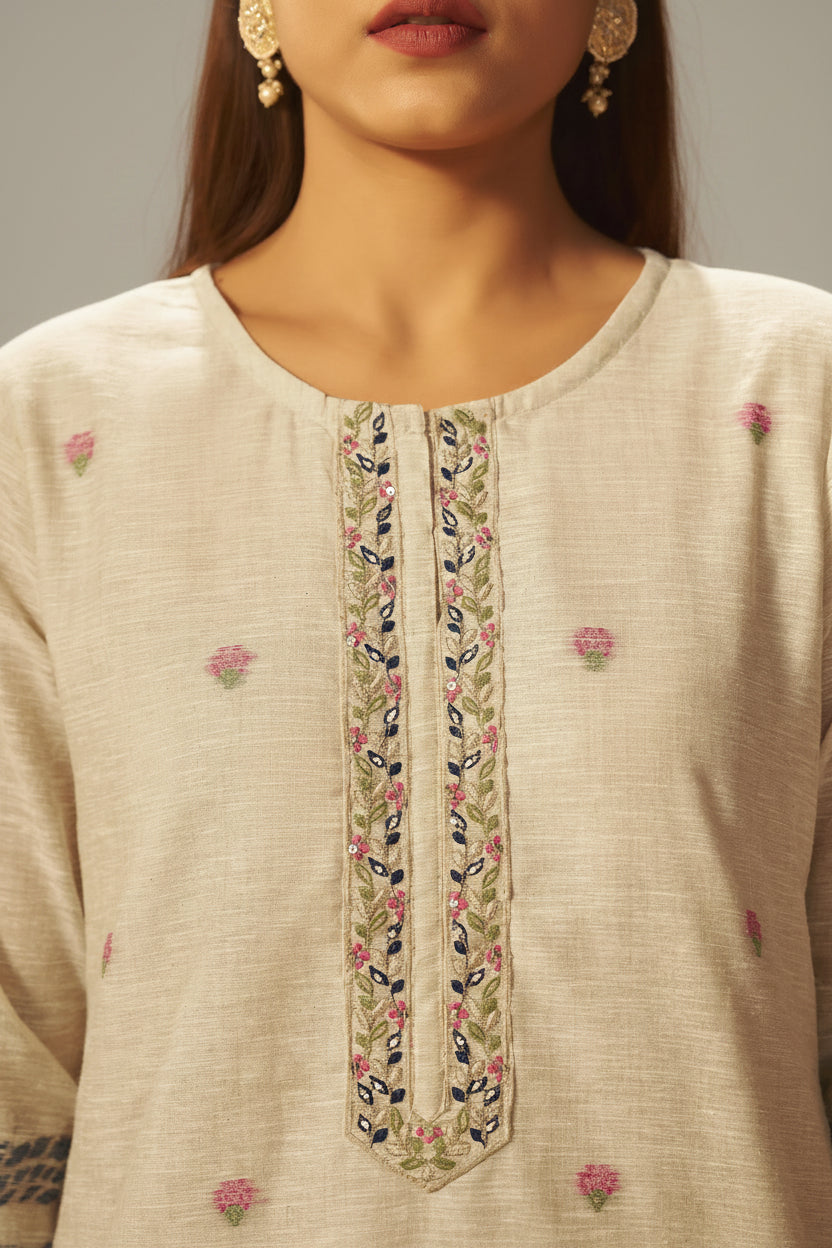 Beige Linen Chanderi Jacquard Kurta Set