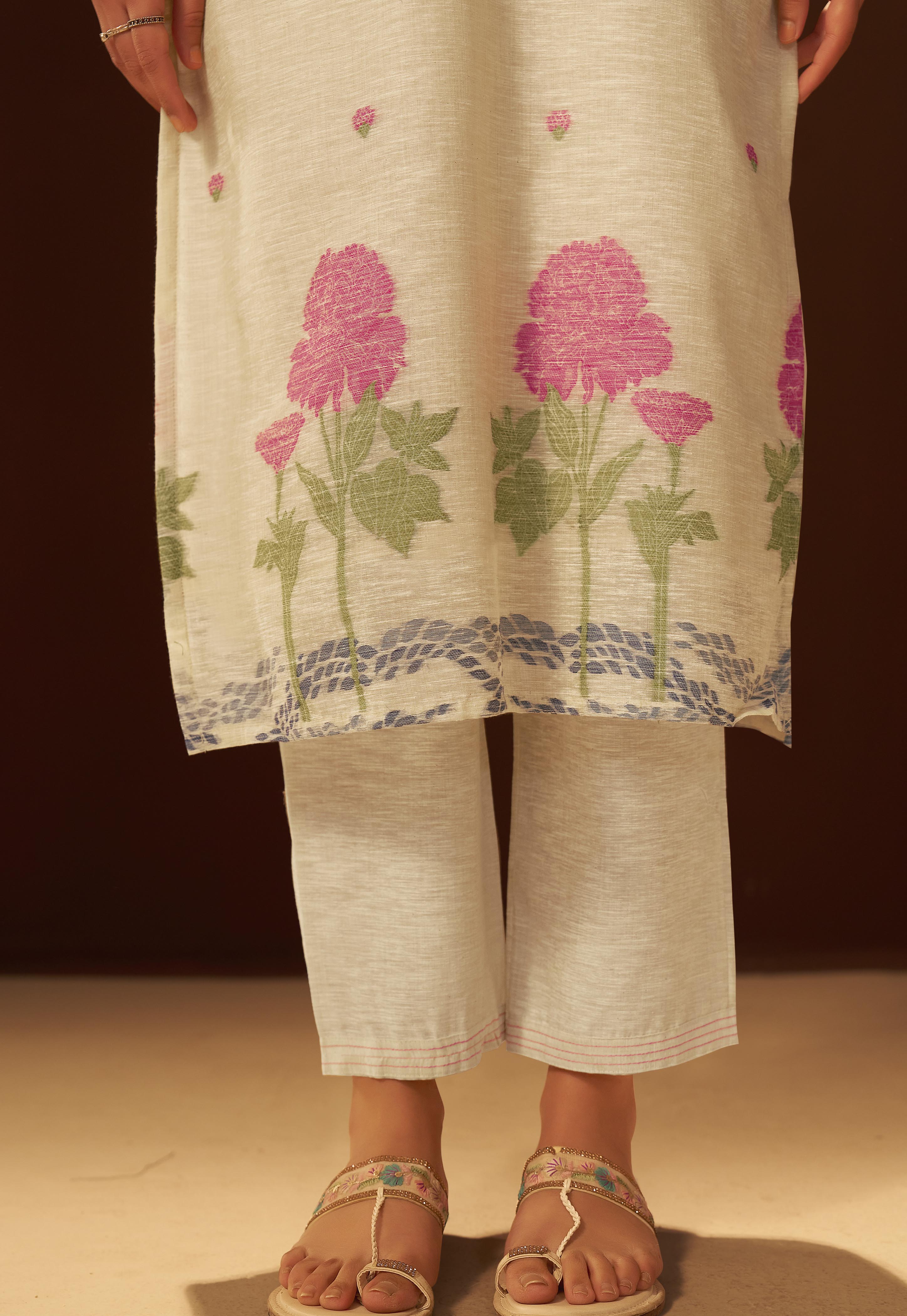 Beige Linen Chanderi Jacquard Kurta Set