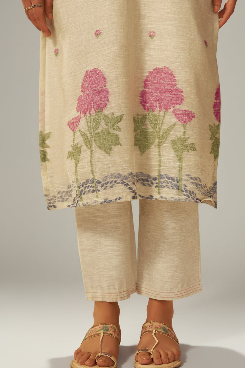 Beige Linen Chanderi Jacquard Kurta Set