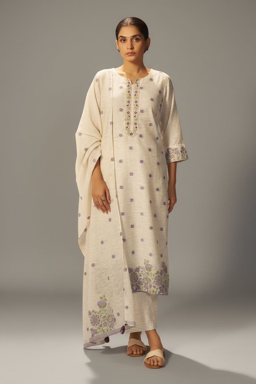 Warm Beige Linen Chanderi Jacquard Kurta Set