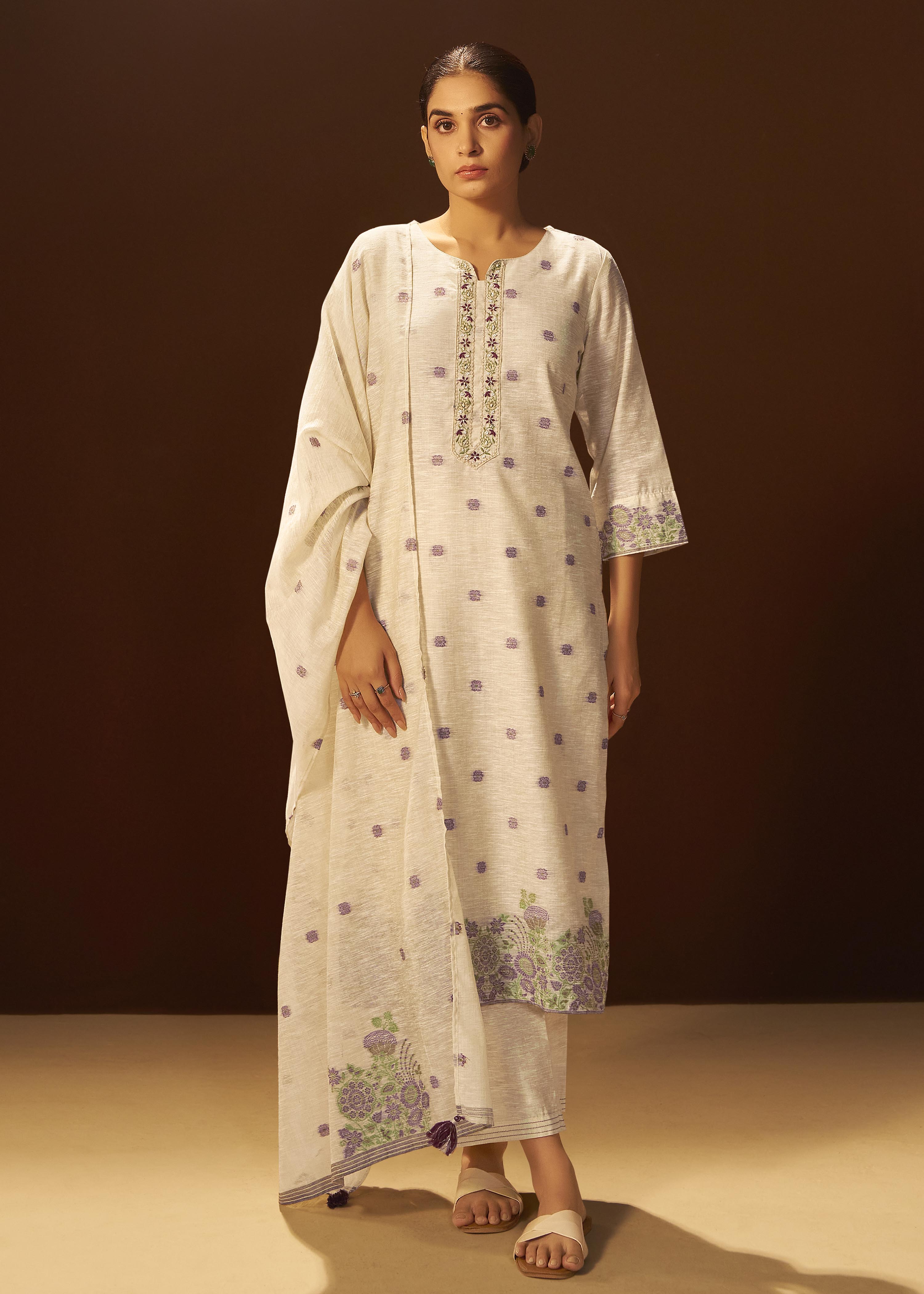 Warm Beige Linen Chanderi Jacquard Kurta Set