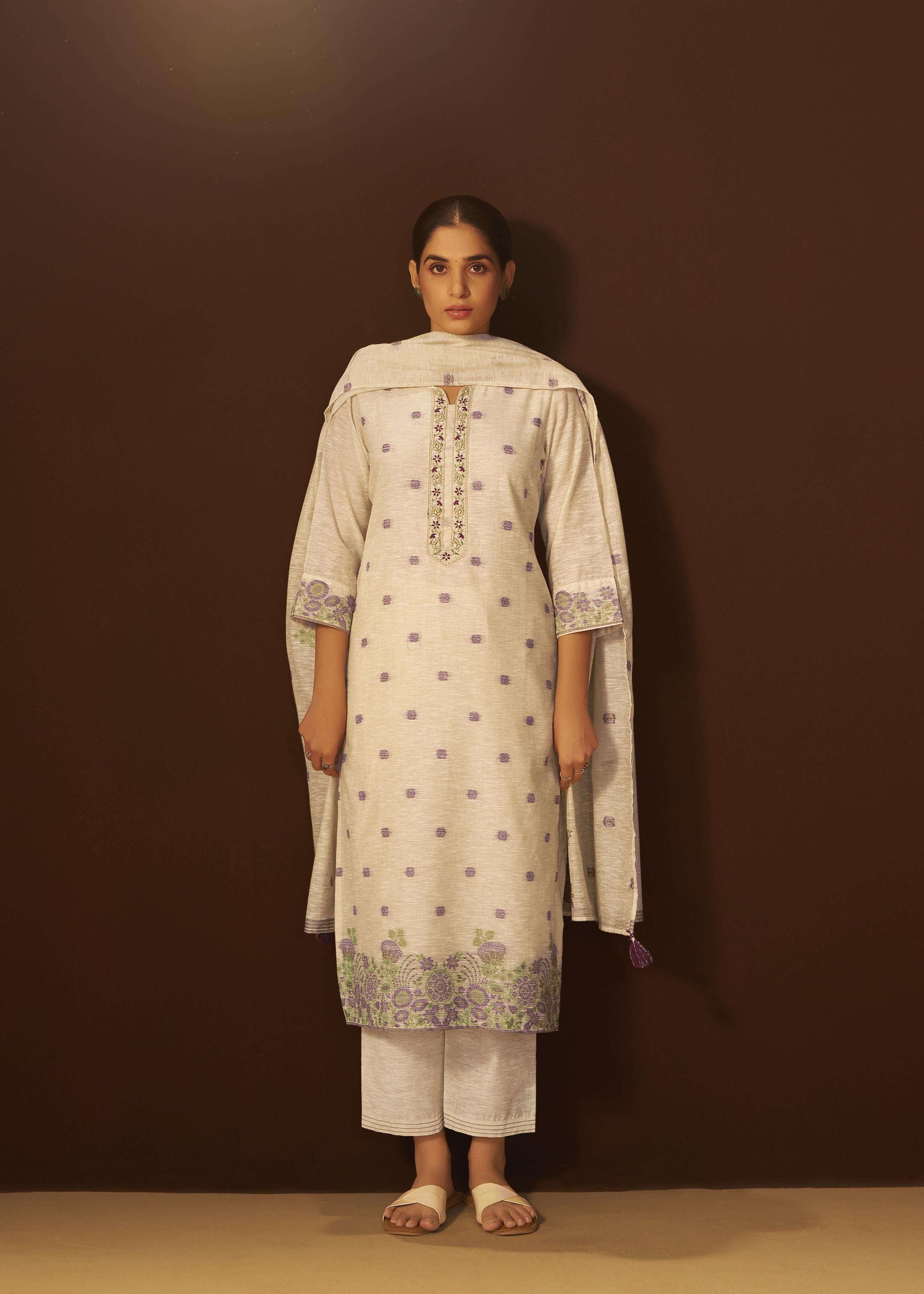 Warm Beige Linen Chanderi Jacquard Kurta Set