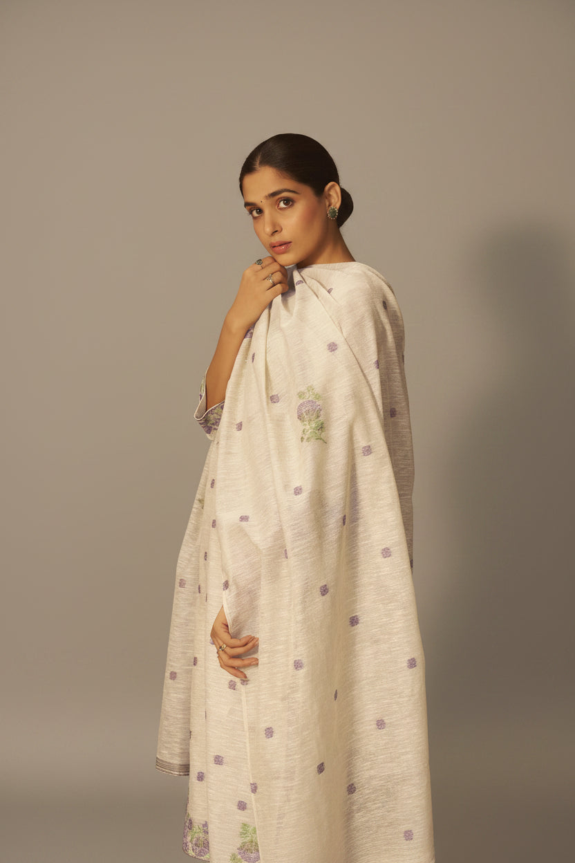 Warm Beige Linen Chanderi Jacquard Kurta Set