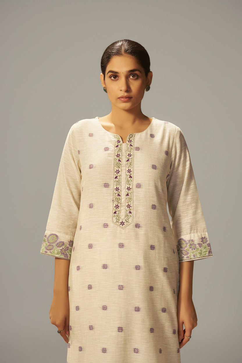 Warm Beige Linen Chanderi Jacquard Kurta Set