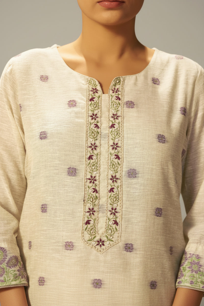 Warm Beige Linen Chanderi Jacquard Kurta Set