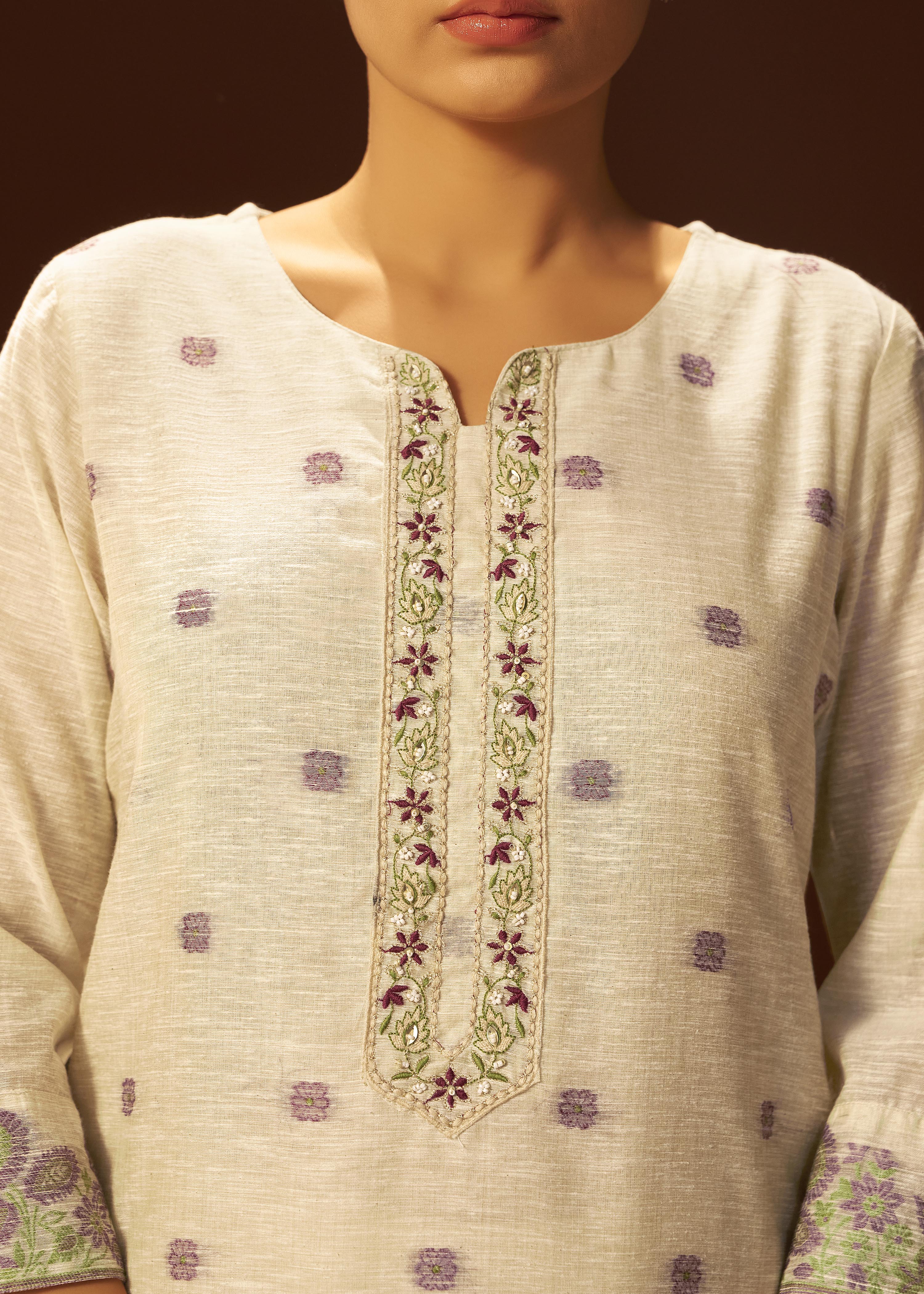 Warm Beige Linen Chanderi Jacquard Kurta Set
