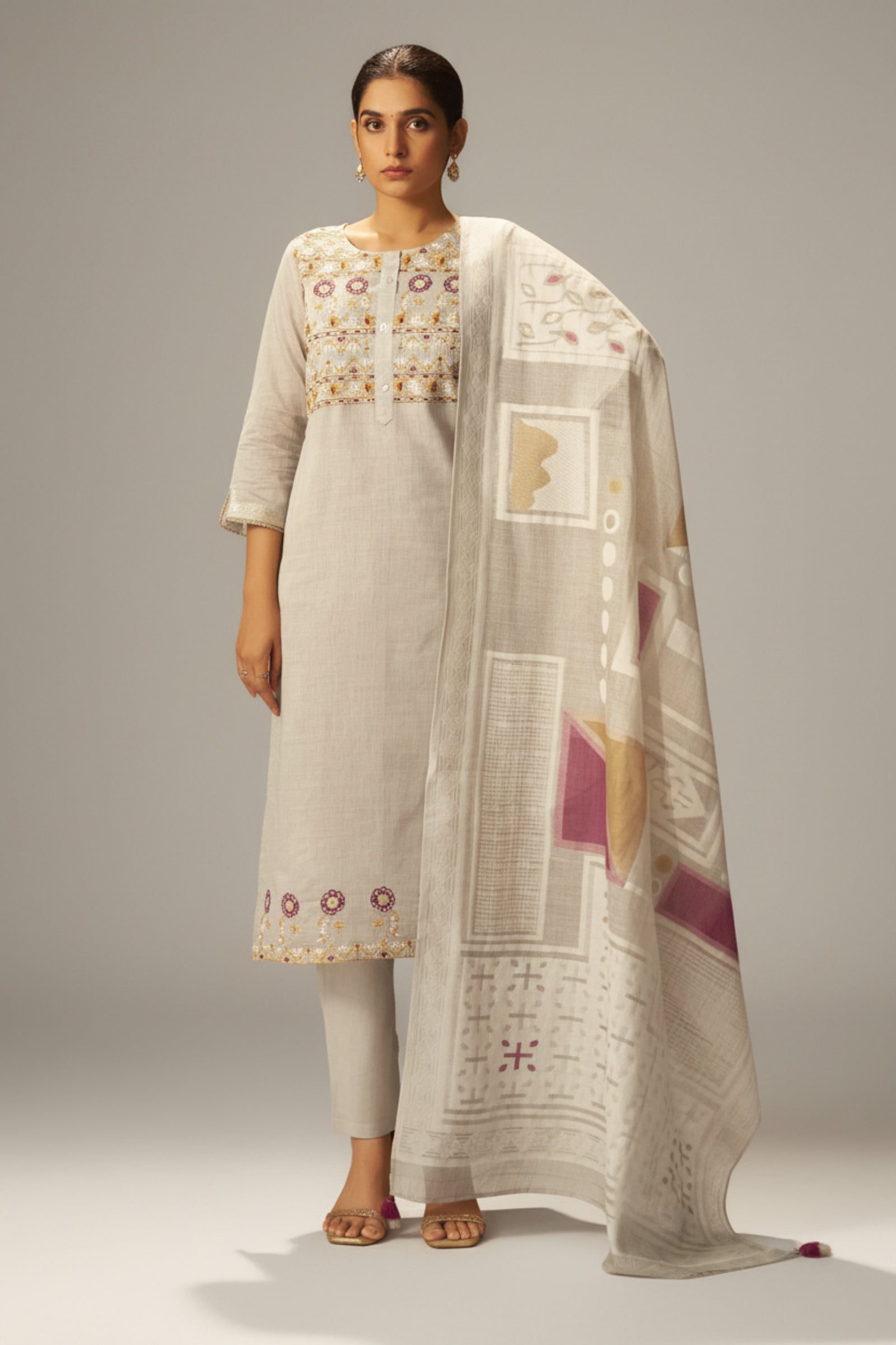 Dove Beige Chanderi Embroidery Kurta Set