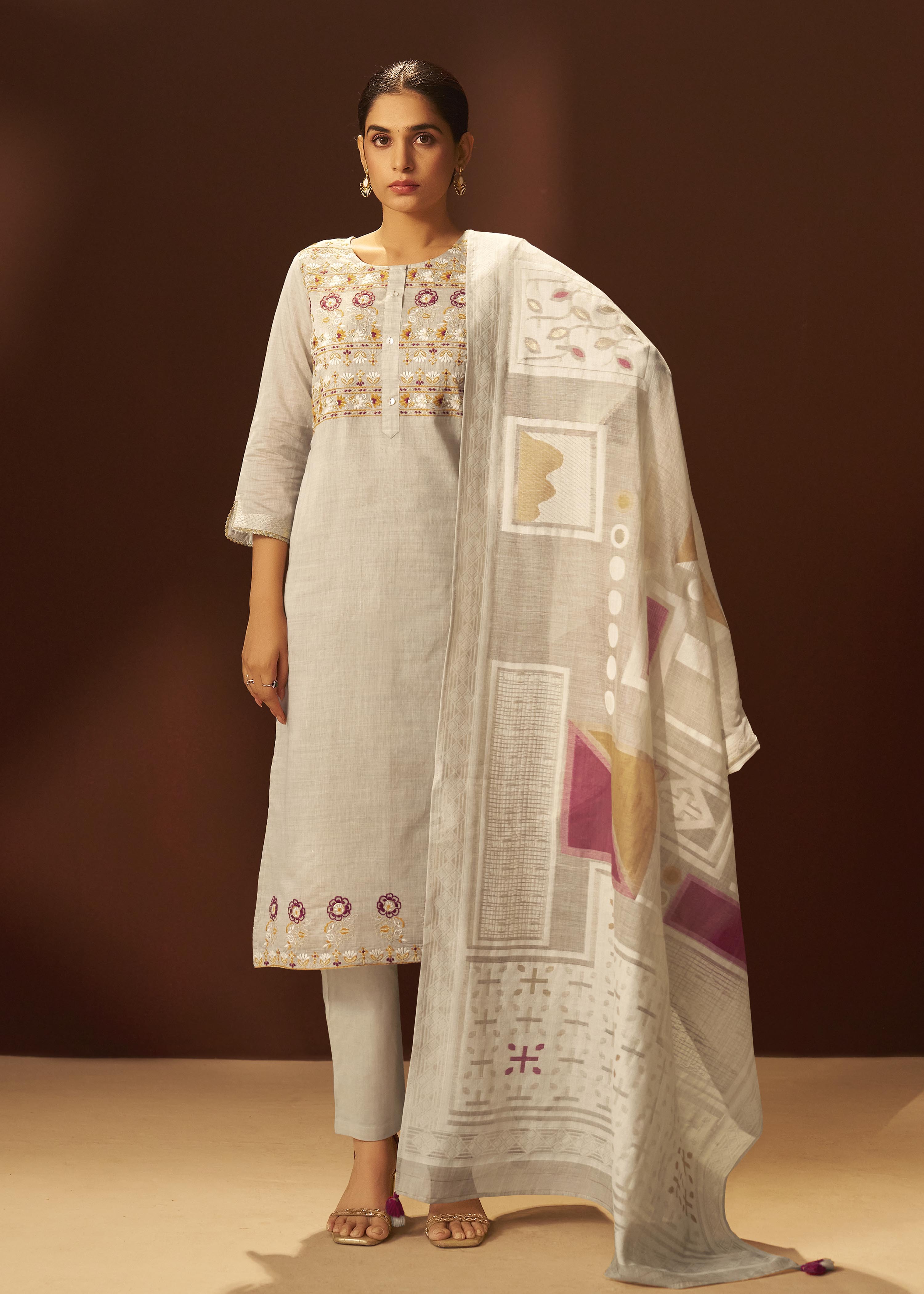 Dove Beige Chanderi Embroidery Kurta Set