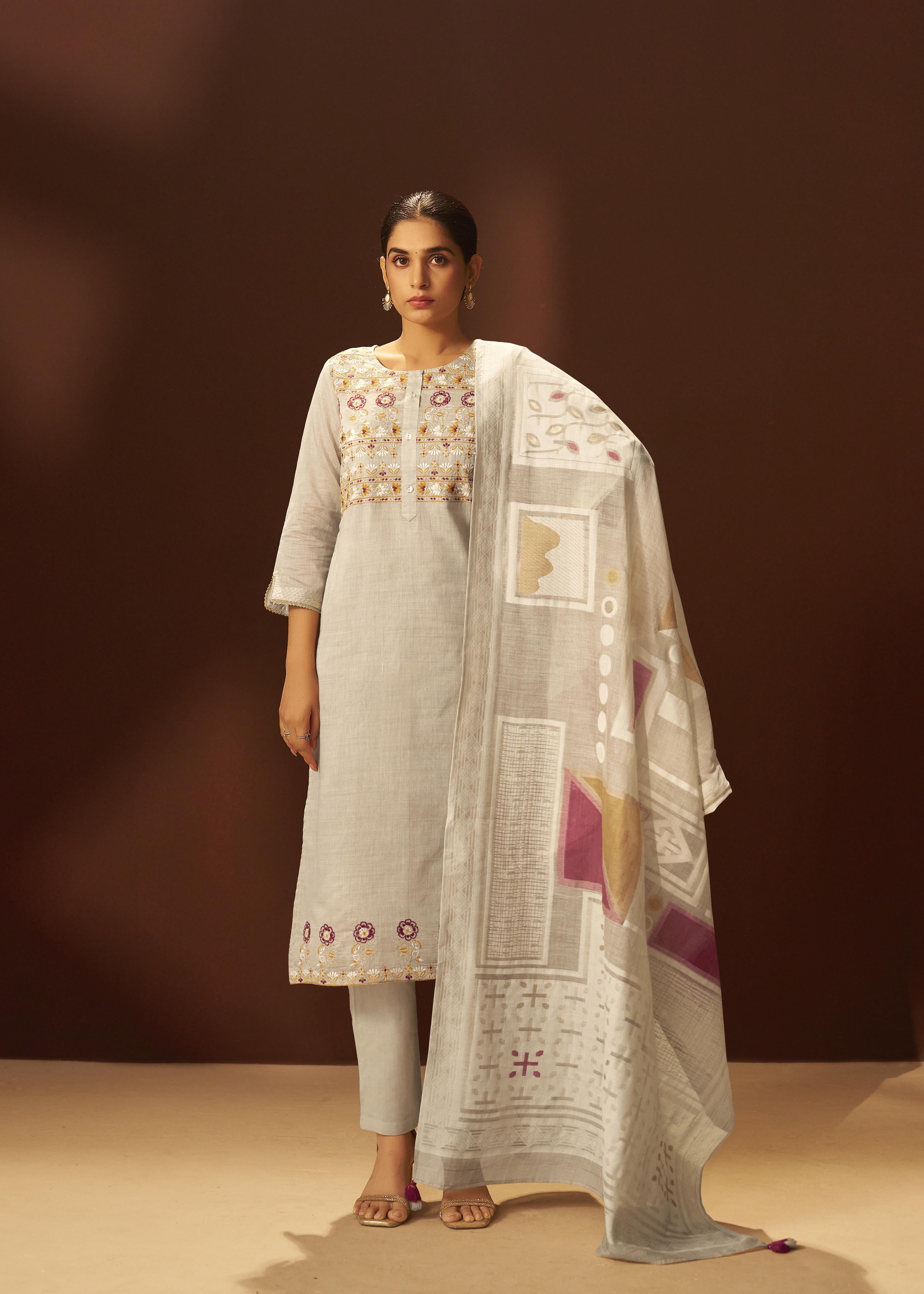 Dove Beige Chanderi Embroidery Kurta Set