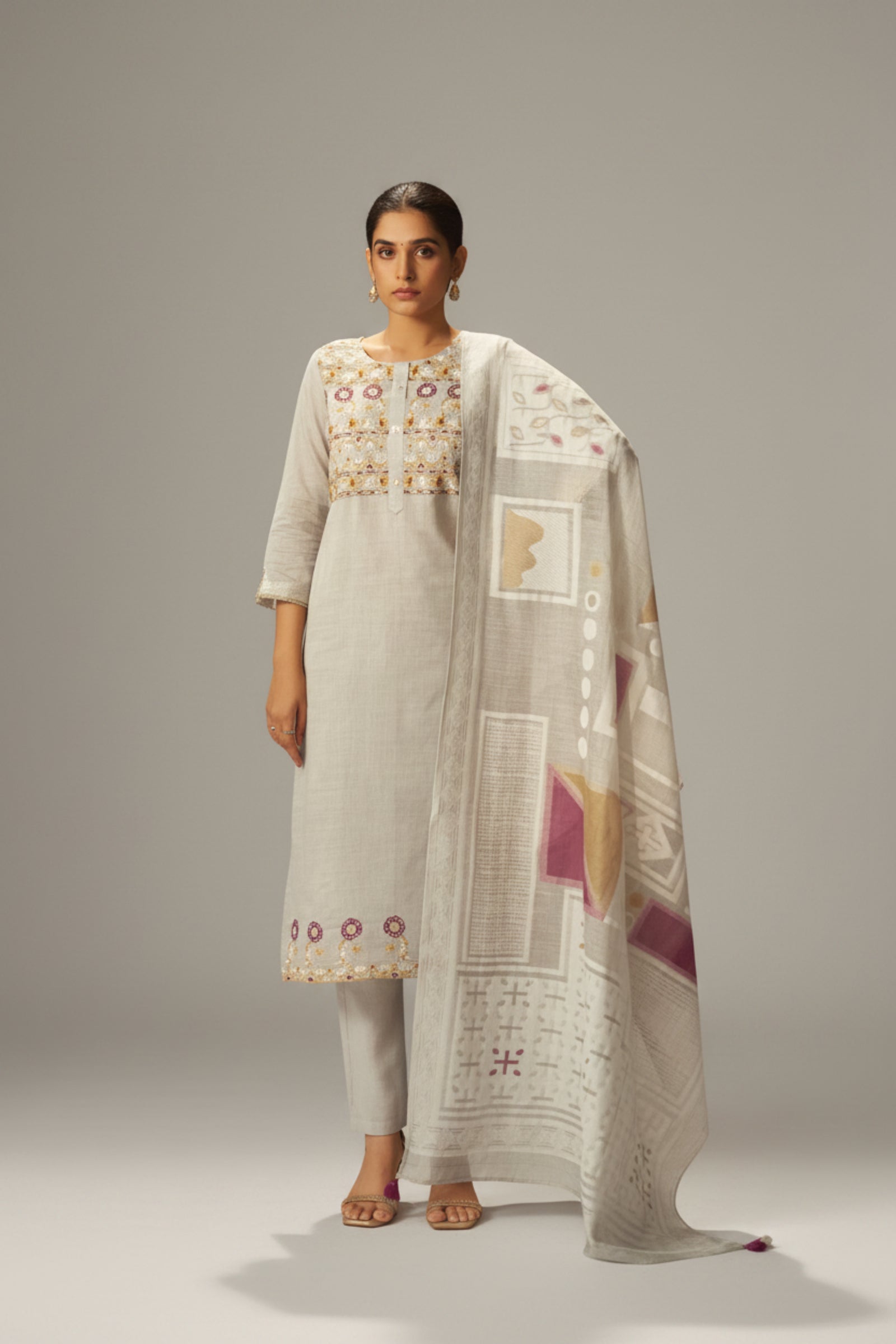 Dove Beige Chanderi Embroidery Kurta Set