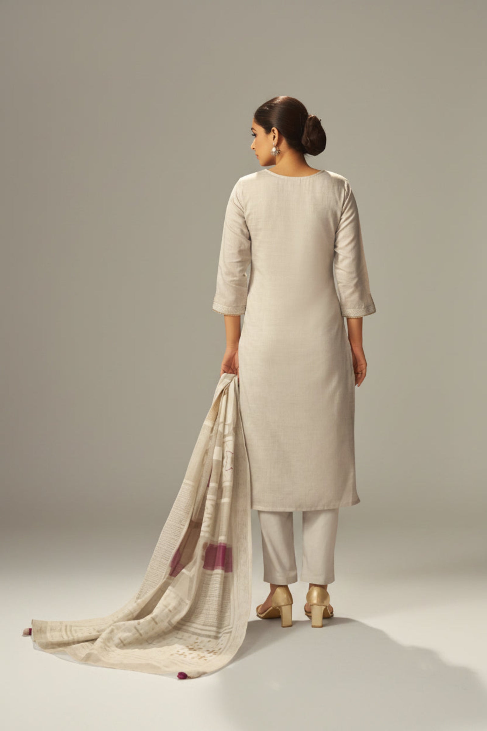 Dove Beige Chanderi Embroidery Kurta Set