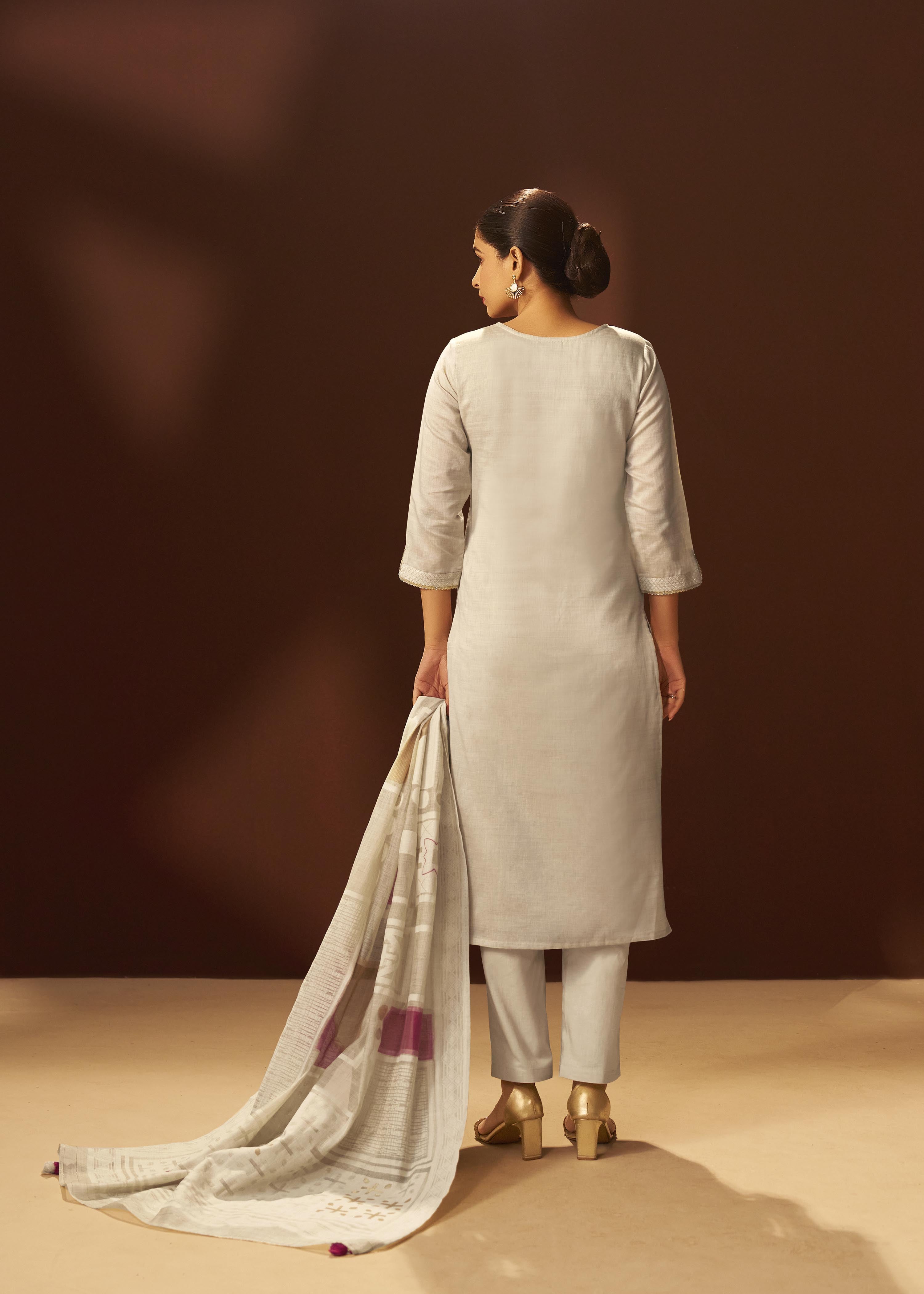 Dove Beige Chanderi Embroidery Kurta Set