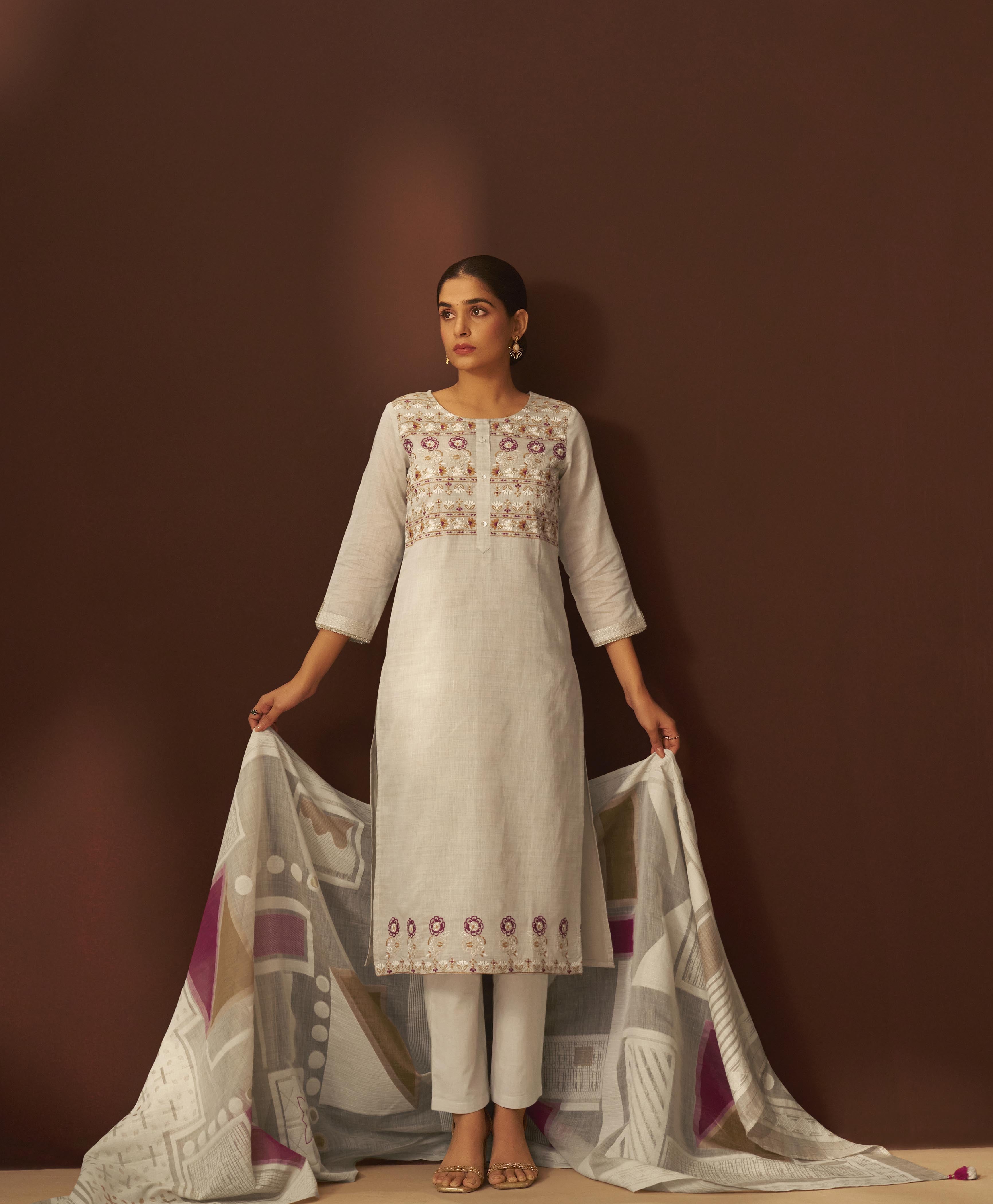 Dove Beige Chanderi Embroidery Kurta Set
