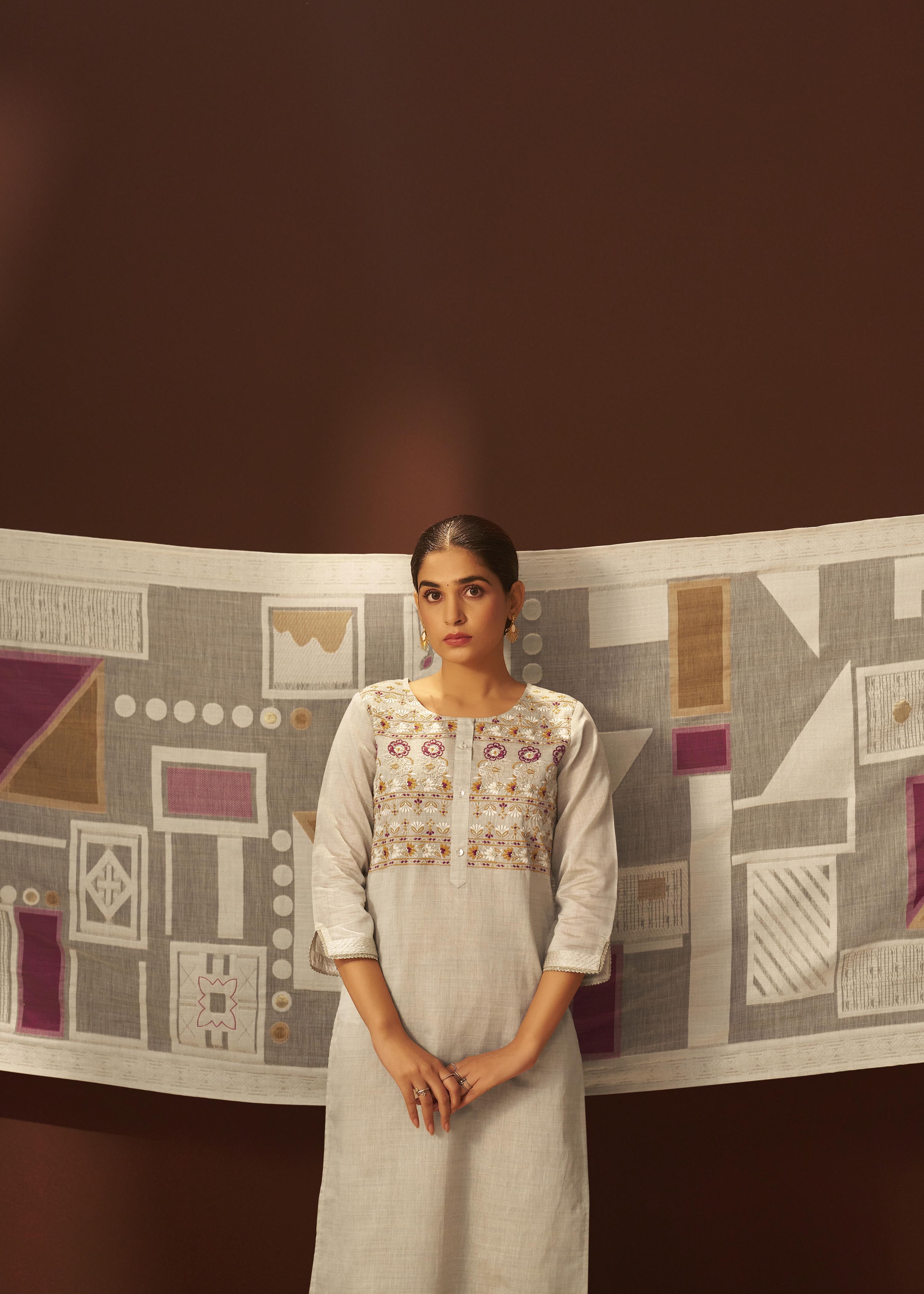Dove Beige Chanderi Embroidery Kurta Set