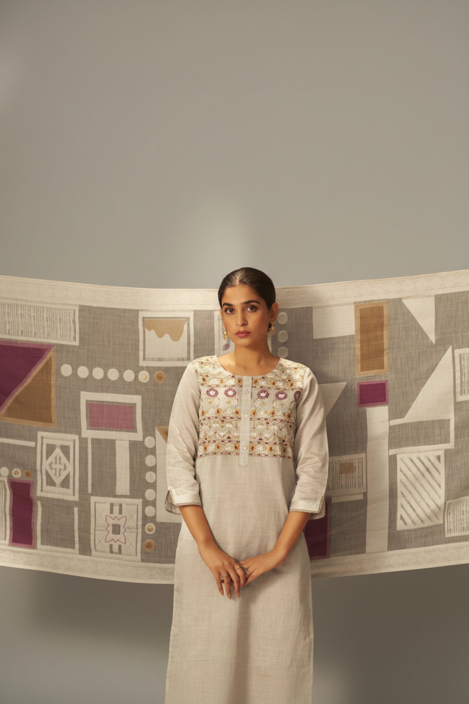 Dove Beige Chanderi Embroidery Kurta Set