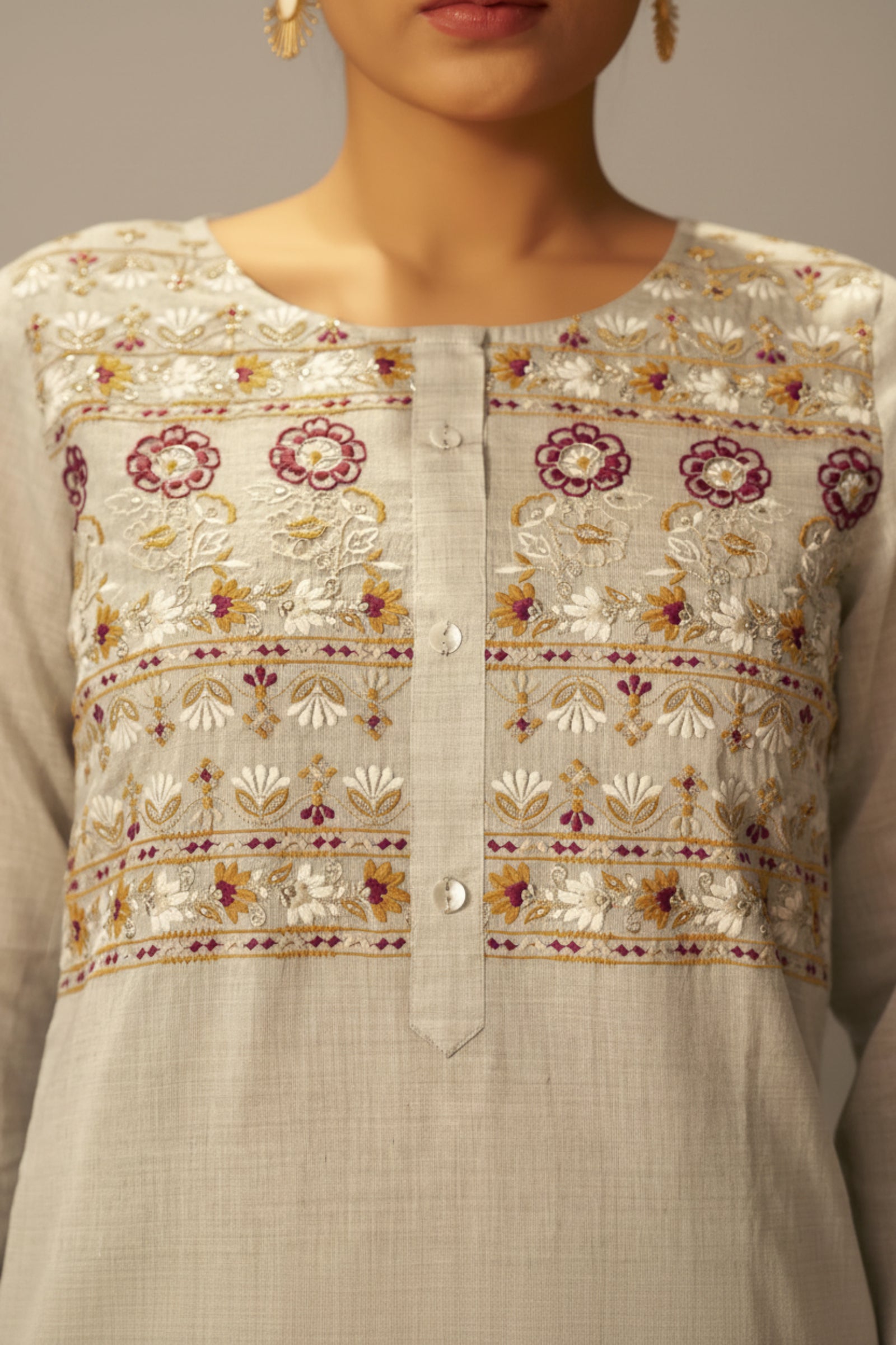 Dove Beige Chanderi Embroidery Kurta Set