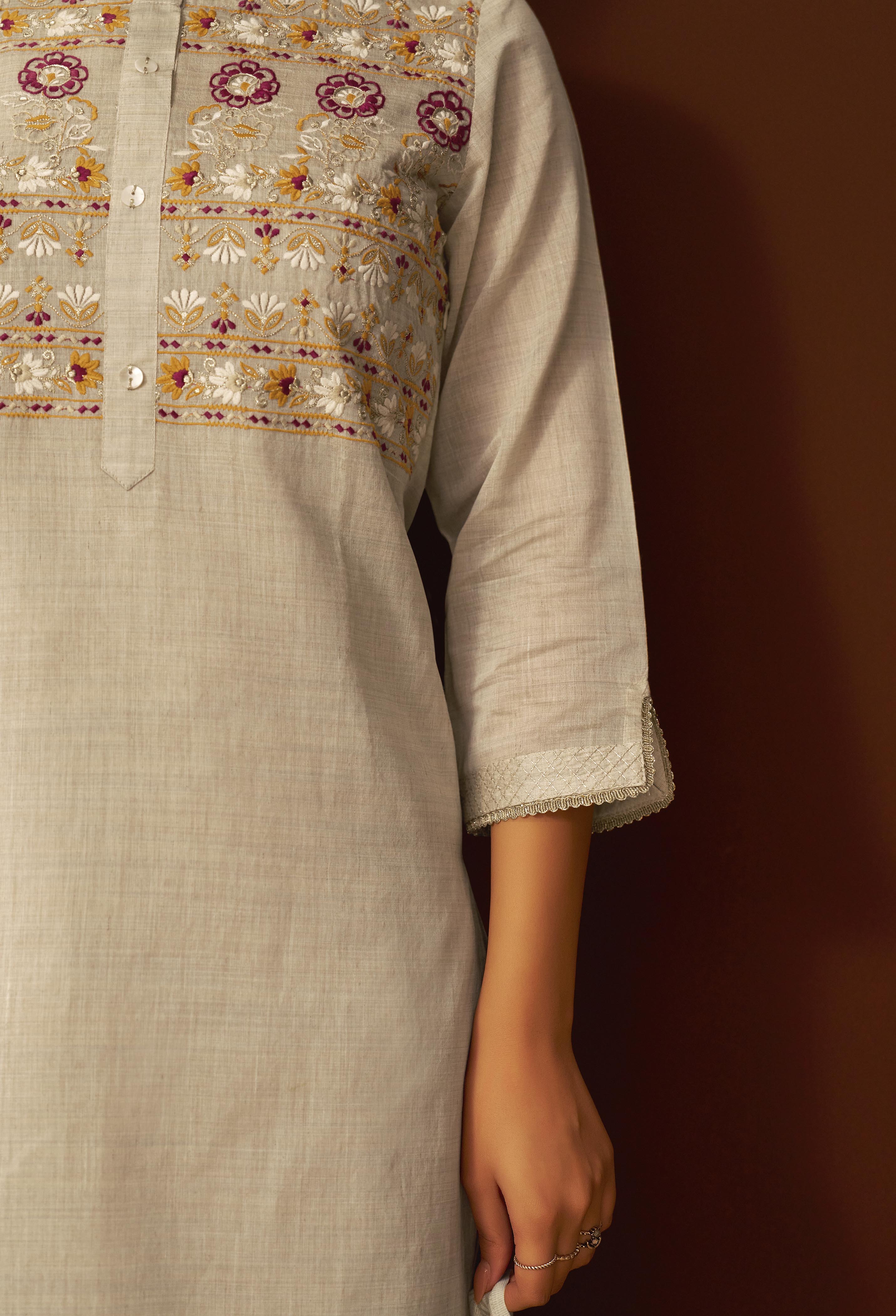 Dove Beige Chanderi Embroidery Kurta Set