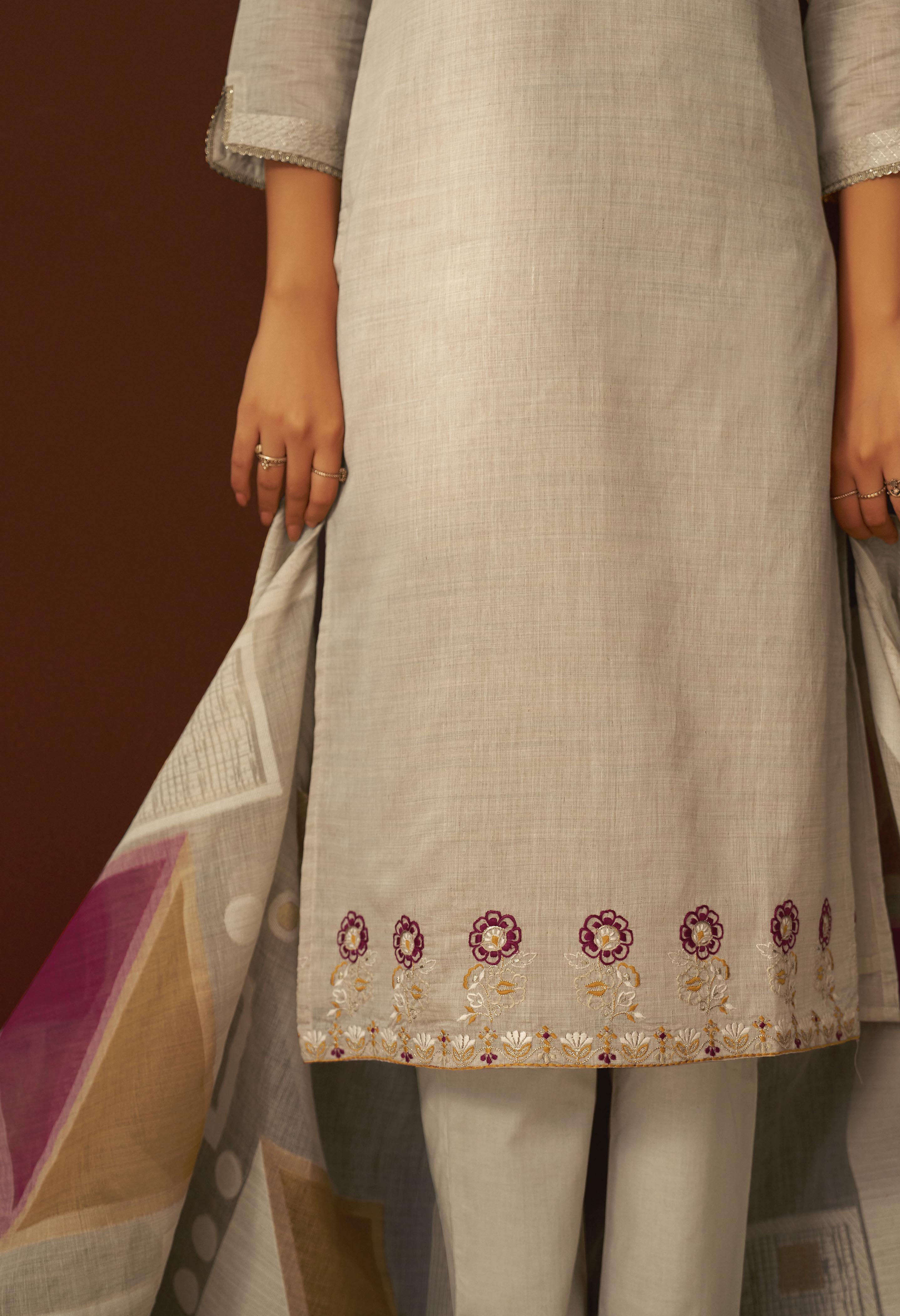 Dove Beige Chanderi Embroidery Kurta Set