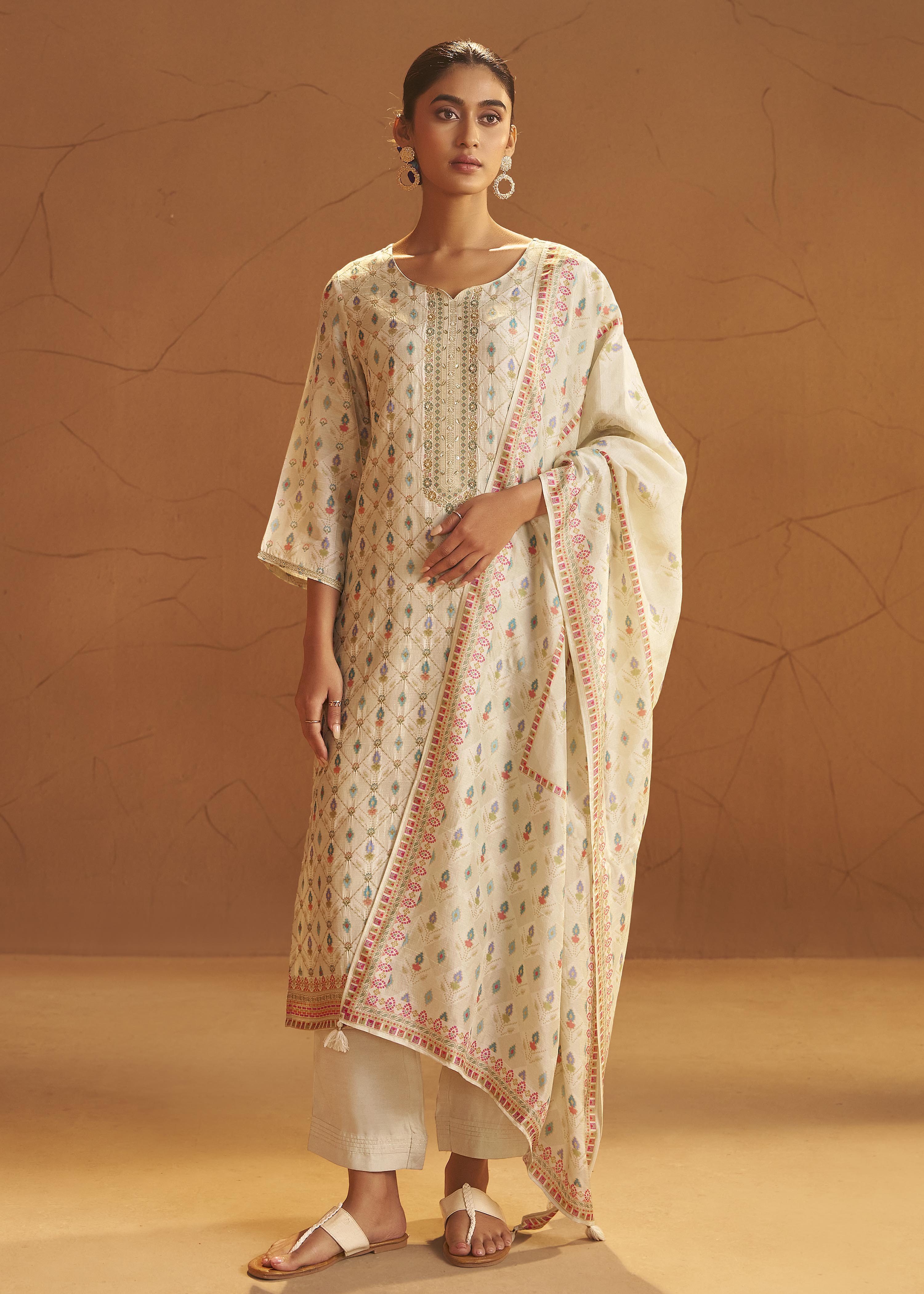 Pearl Cream Position Print Viscose Jacquard Kurta Set