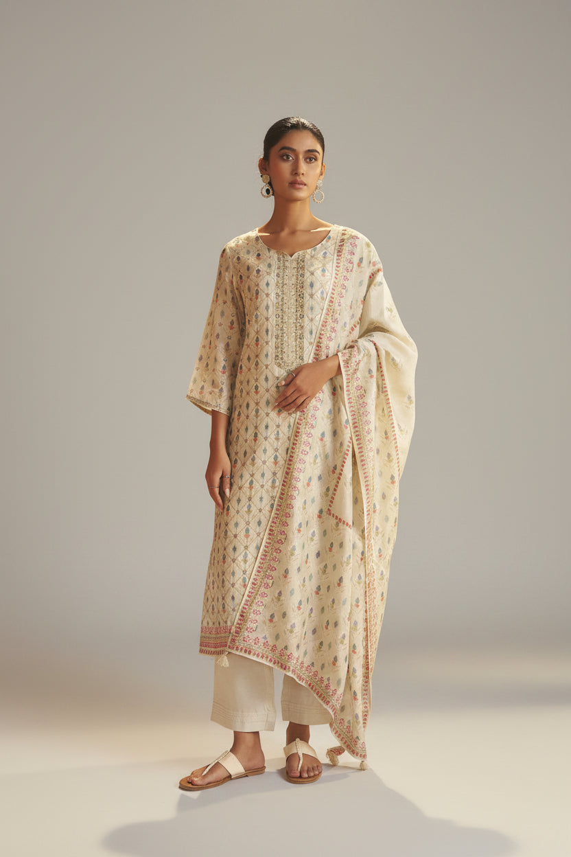 Pearl Cream Position Print Viscose Jacquard Kurta Set