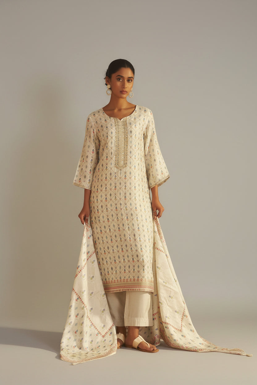 Pearl Cream Position Print Viscose Jacquard Kurta Set