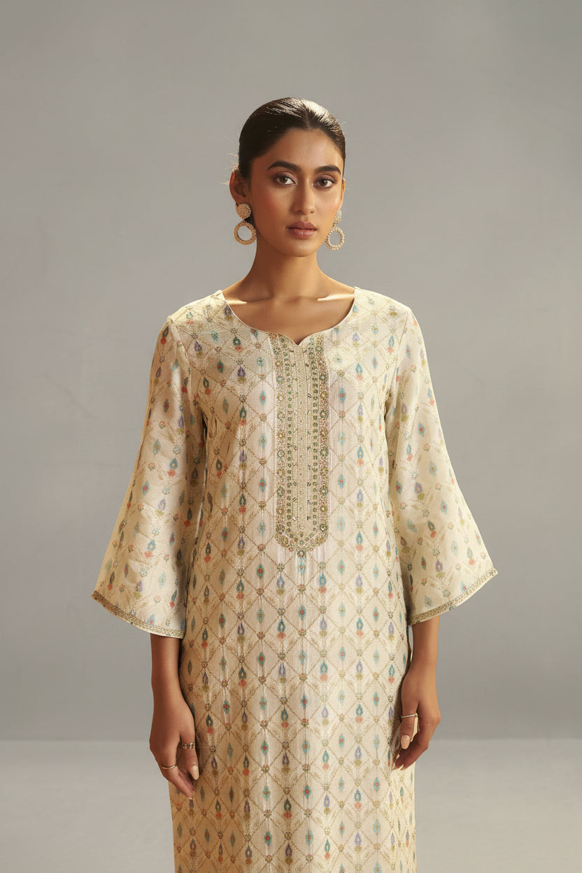 Pearl Cream Position Print Viscose Jacquard Kurta Set