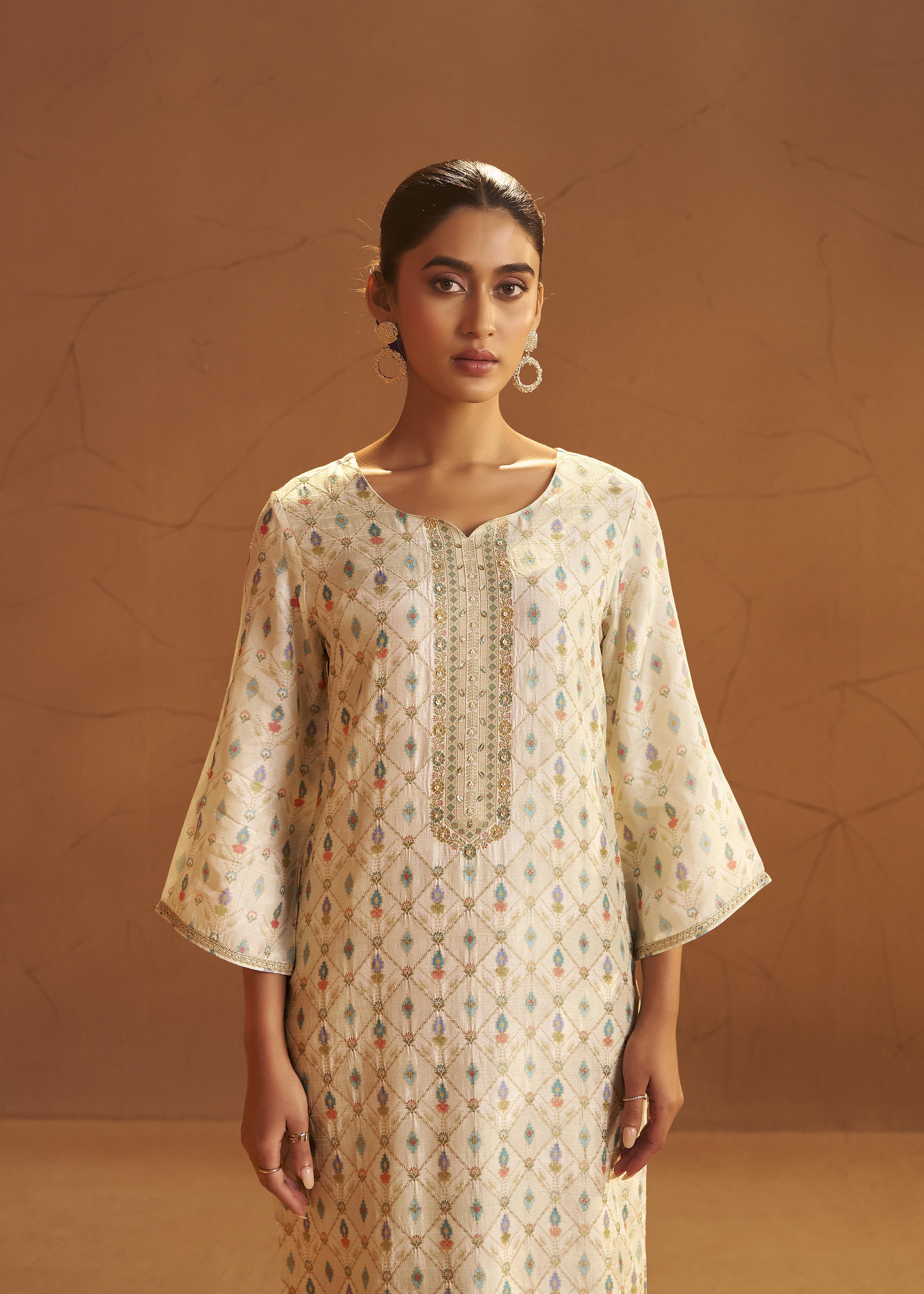 Pearl Cream Position Print Viscose Jacquard Kurta Set