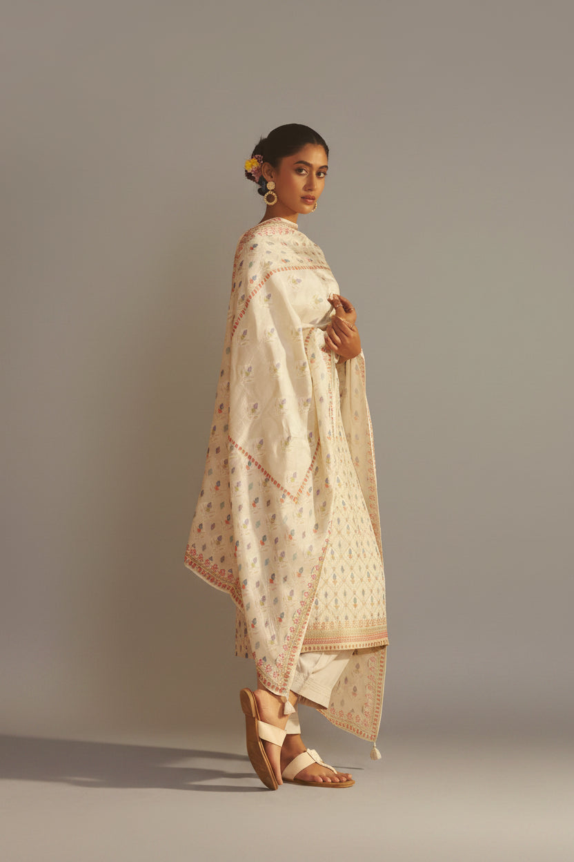 Pearl Cream Position Print Viscose Jacquard Kurta Set