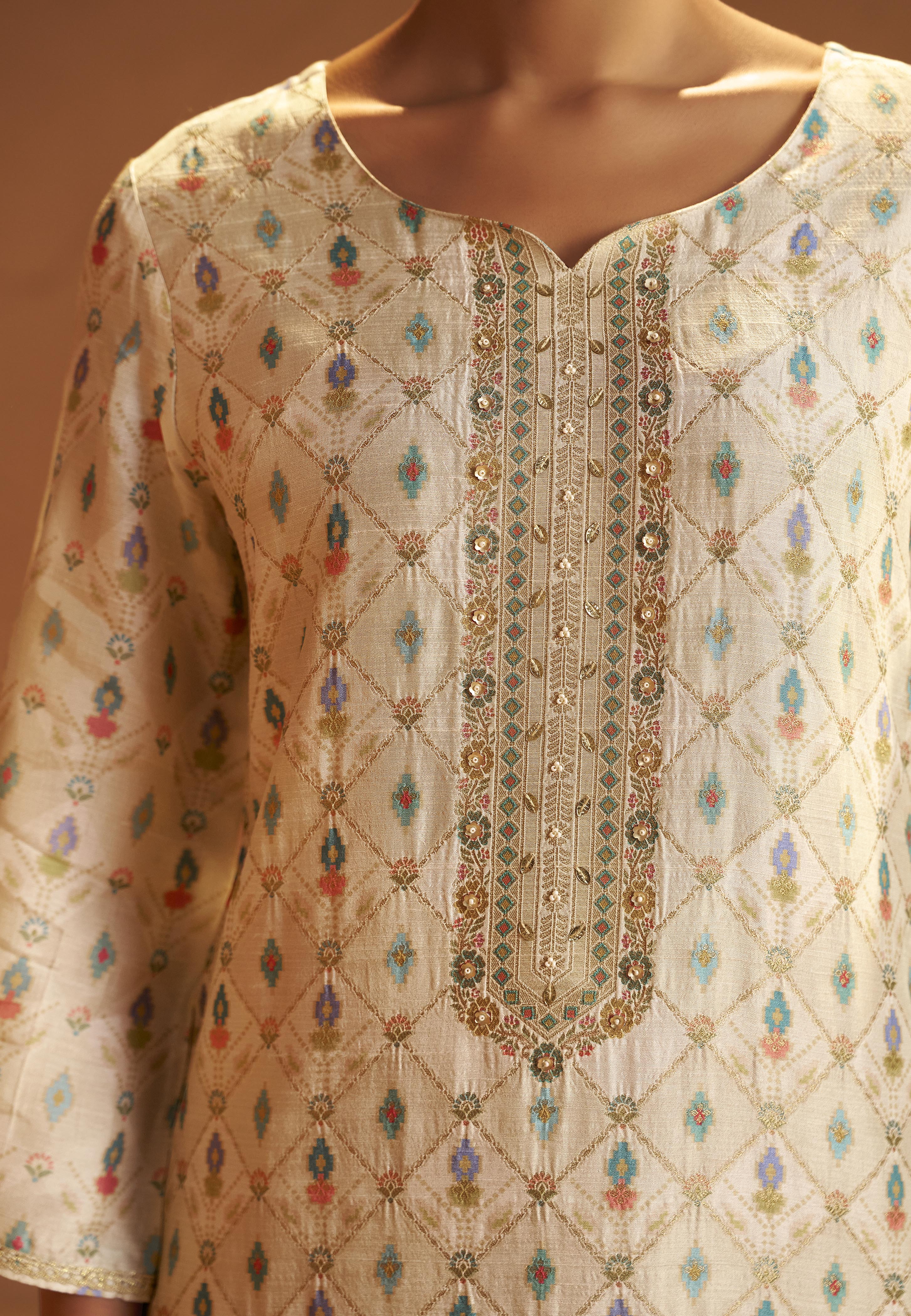 Pearl Cream Position Print Viscose Jacquard Kurta Set