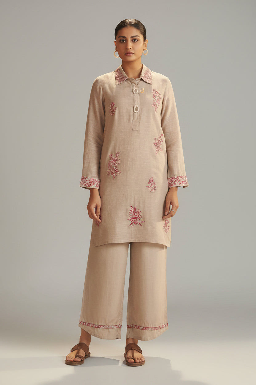 Hazelnut Biege Linen Embroidery Co-ord Set
