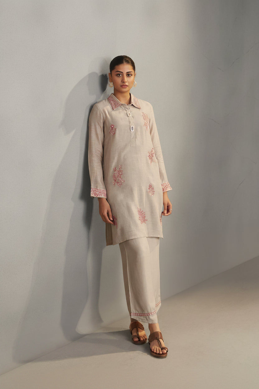 Hazelnut Biege Linen Embroidery Co-ord Set