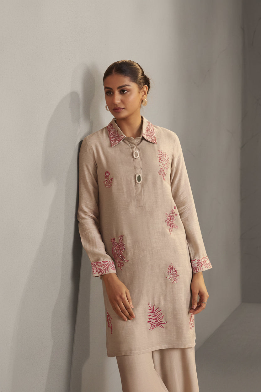 Hazelnut Biege Linen Embroidery Co-ord Set