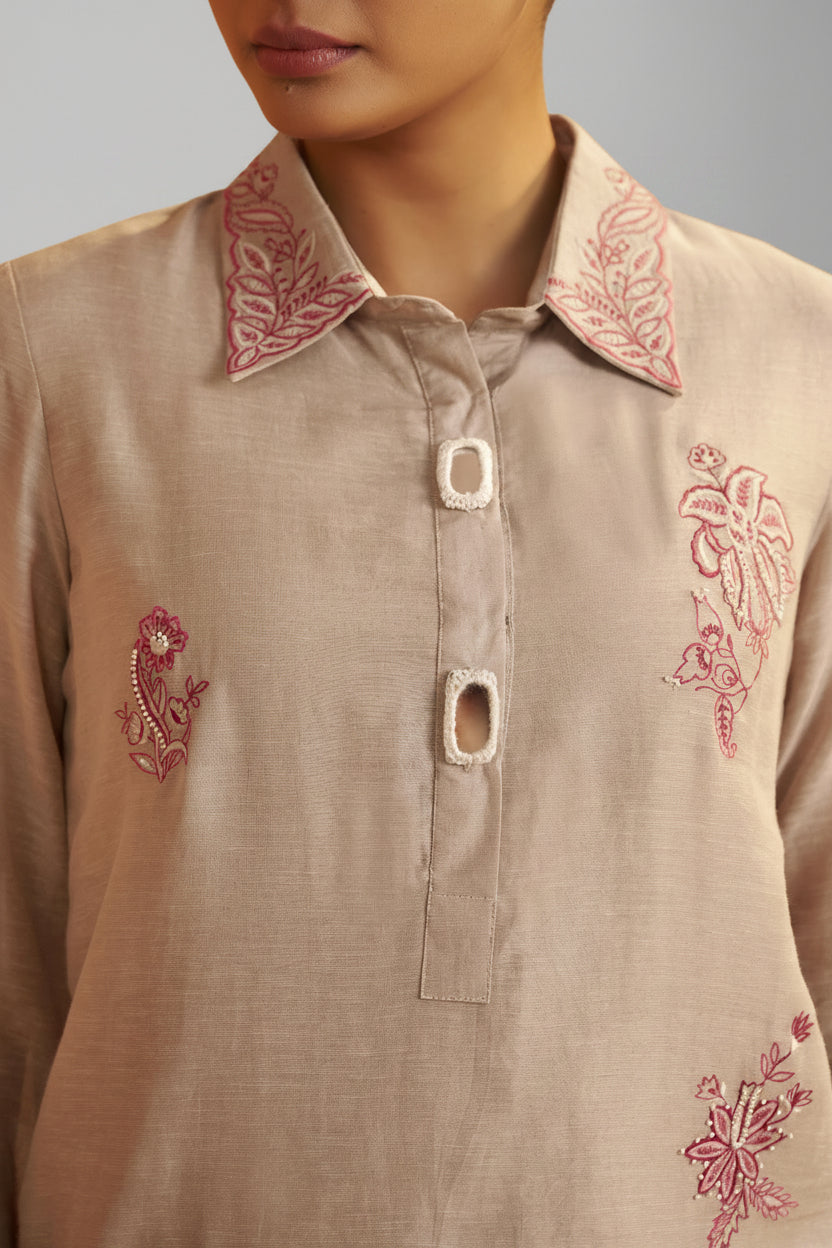 Hazelnut Biege Linen Embroidery Co-ord Set