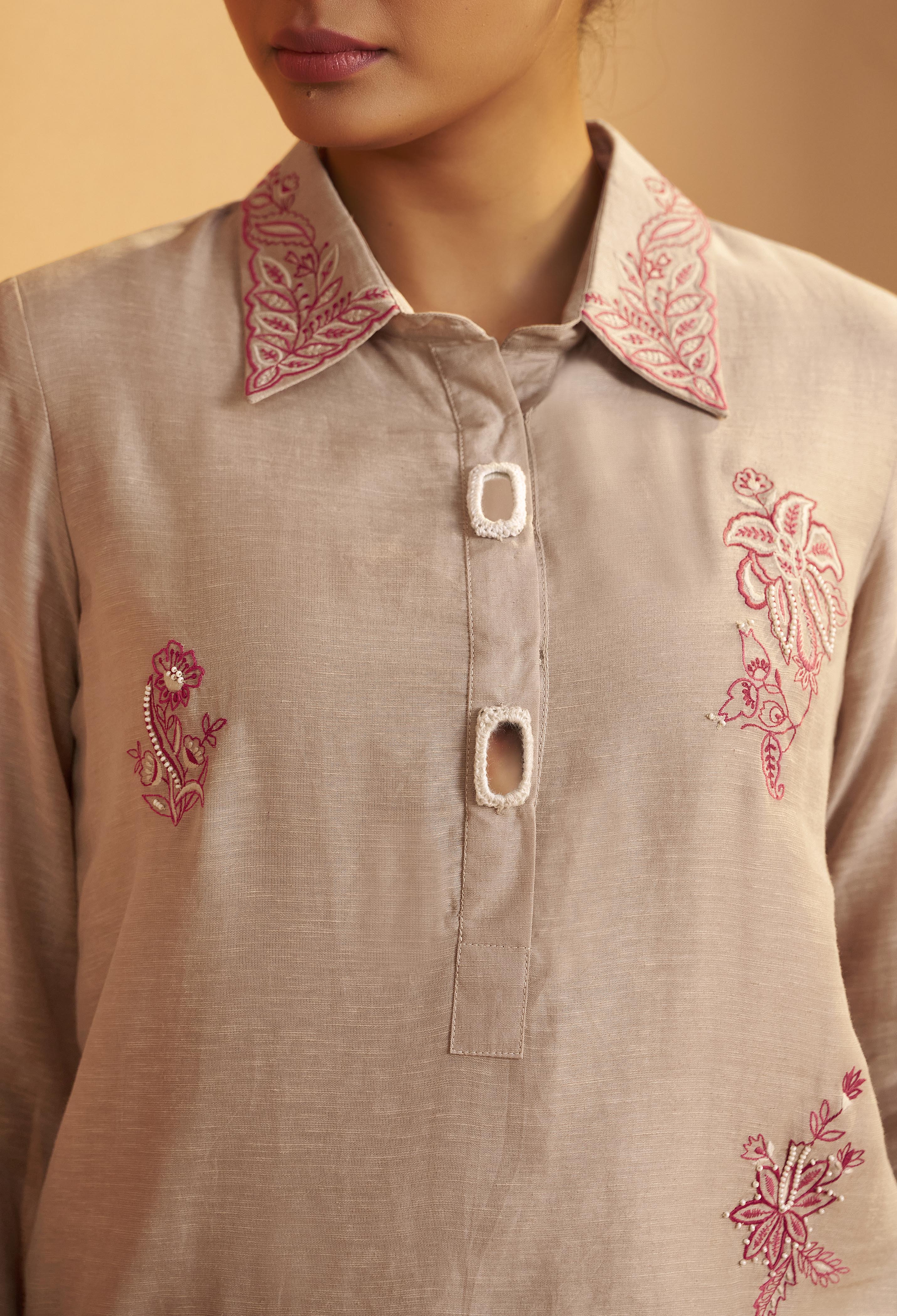 Hazelnut Biege Linen Embroidery Co-ord Set