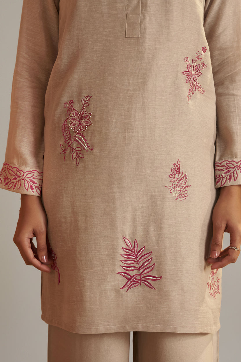 Hazelnut Biege Linen Embroidery Co-ord Set