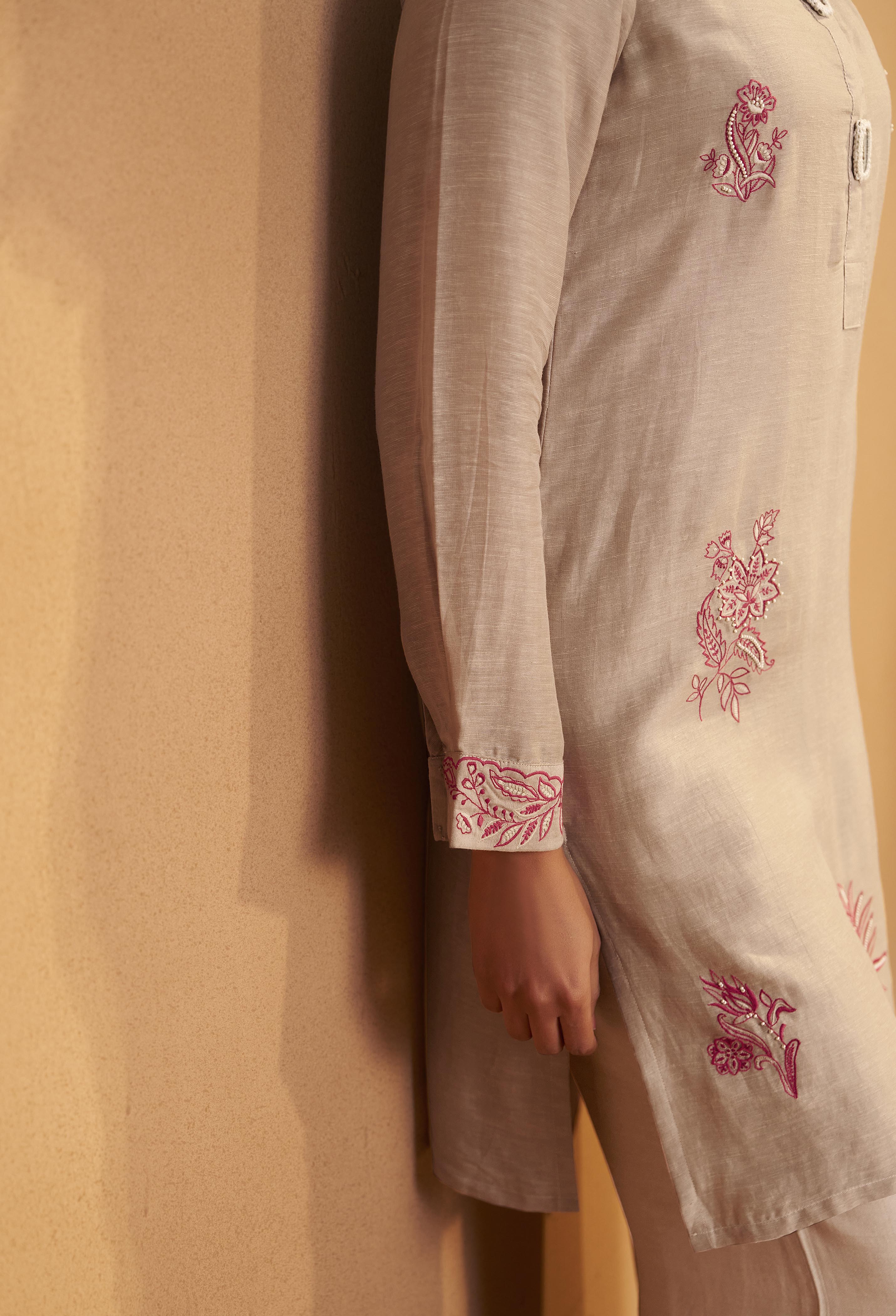 Hazelnut Biege Linen Embroidery Co-ord Set