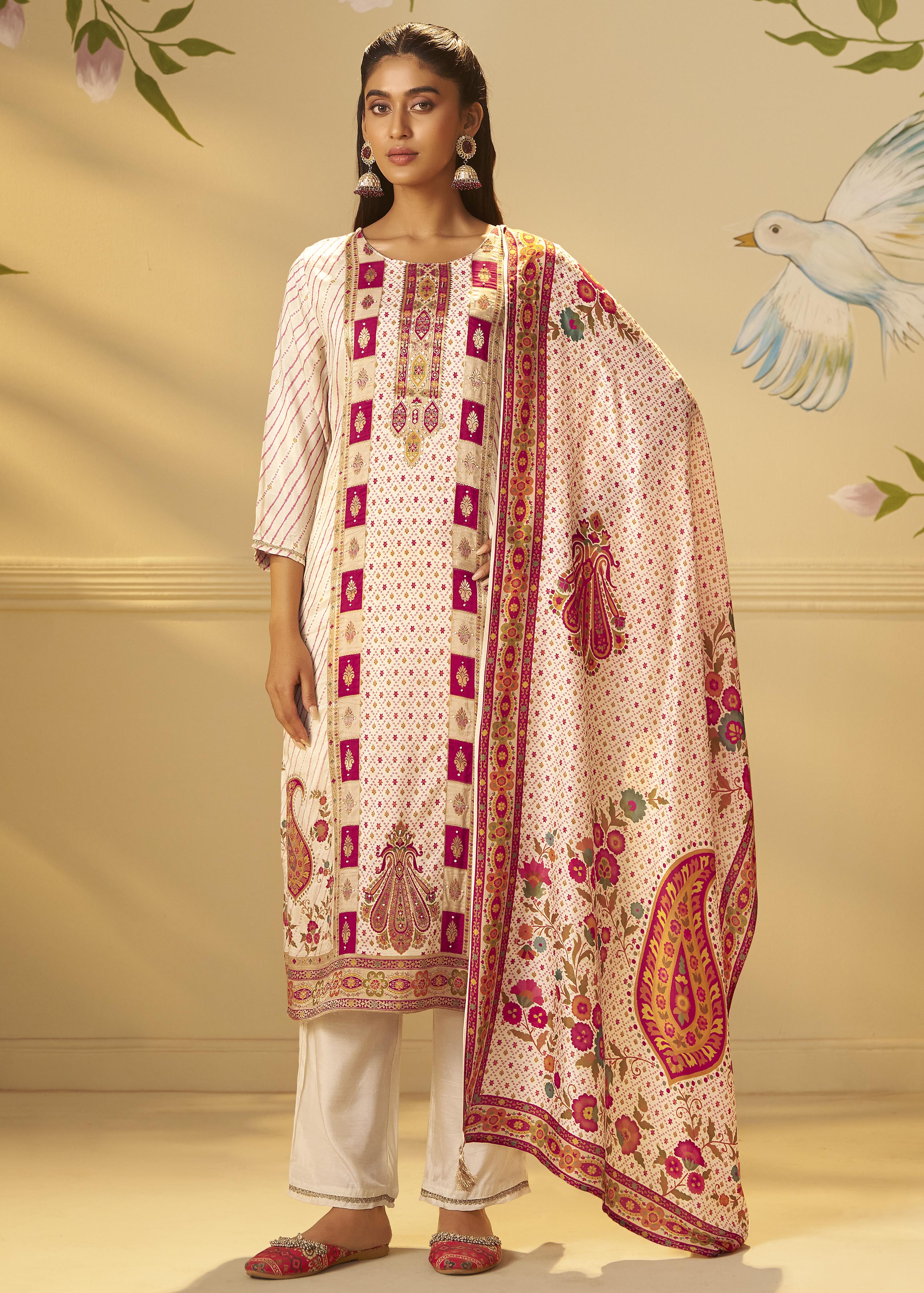 Rose-tinted Cream Position Print Viscose Jacquard Kurta Set