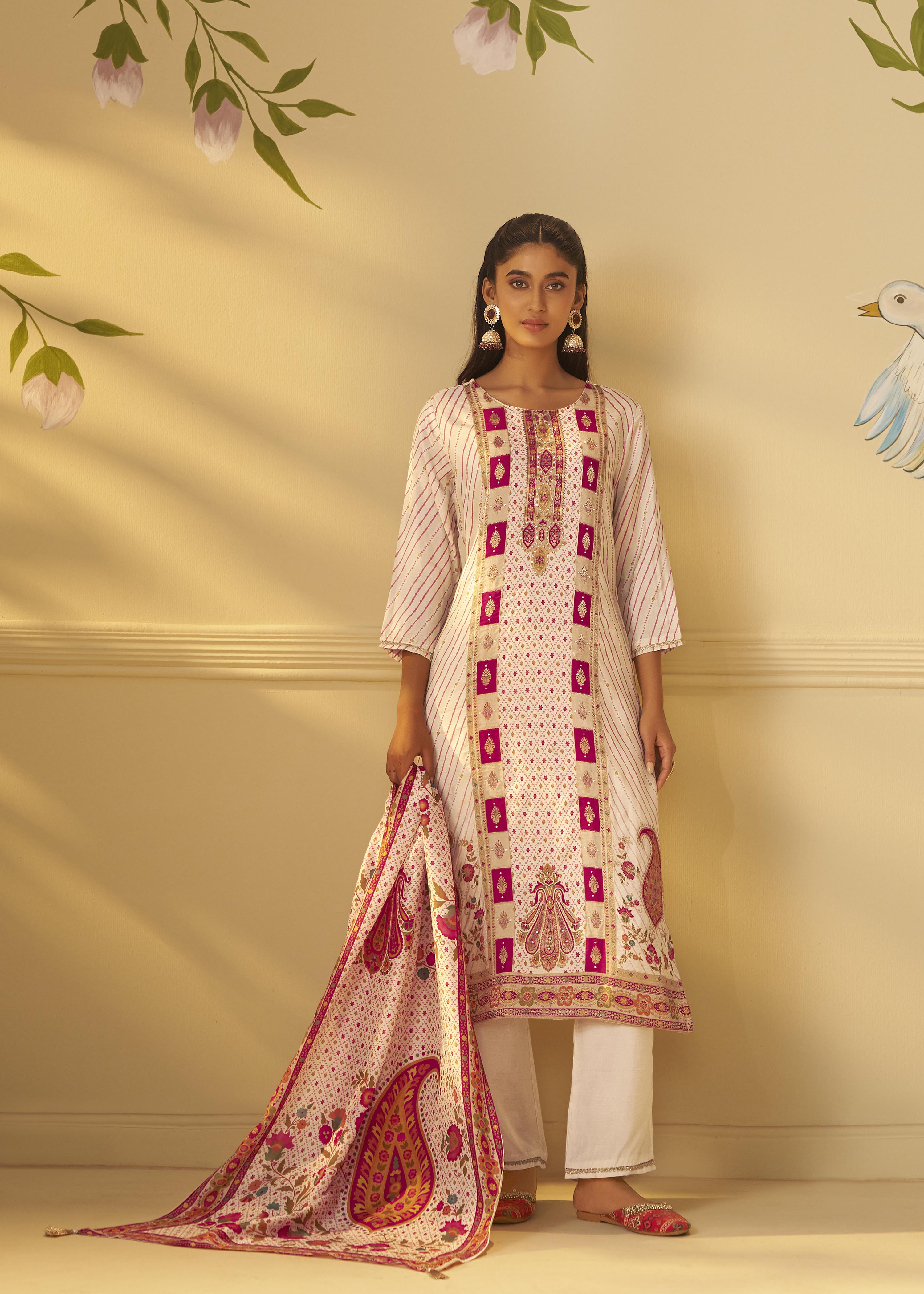 Rose-tinted Cream Position Print Viscose Jacquard Kurta Set