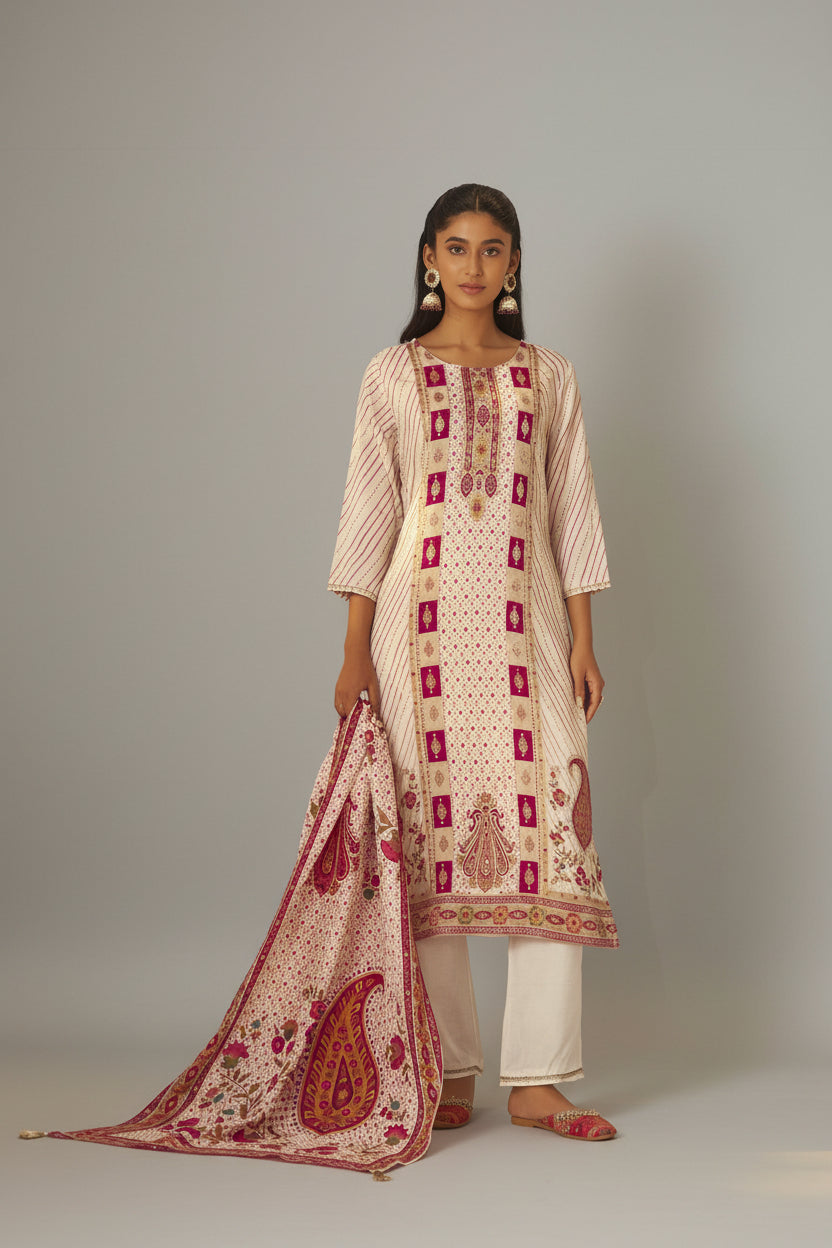 Rose-tinted Cream Position Print Viscose Jacquard Kurta Set