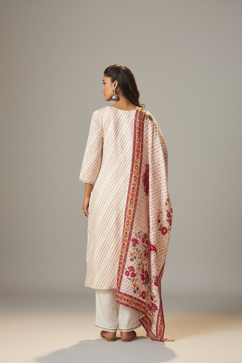 Rose-tinted Cream Position Print Viscose Jacquard Kurta Set