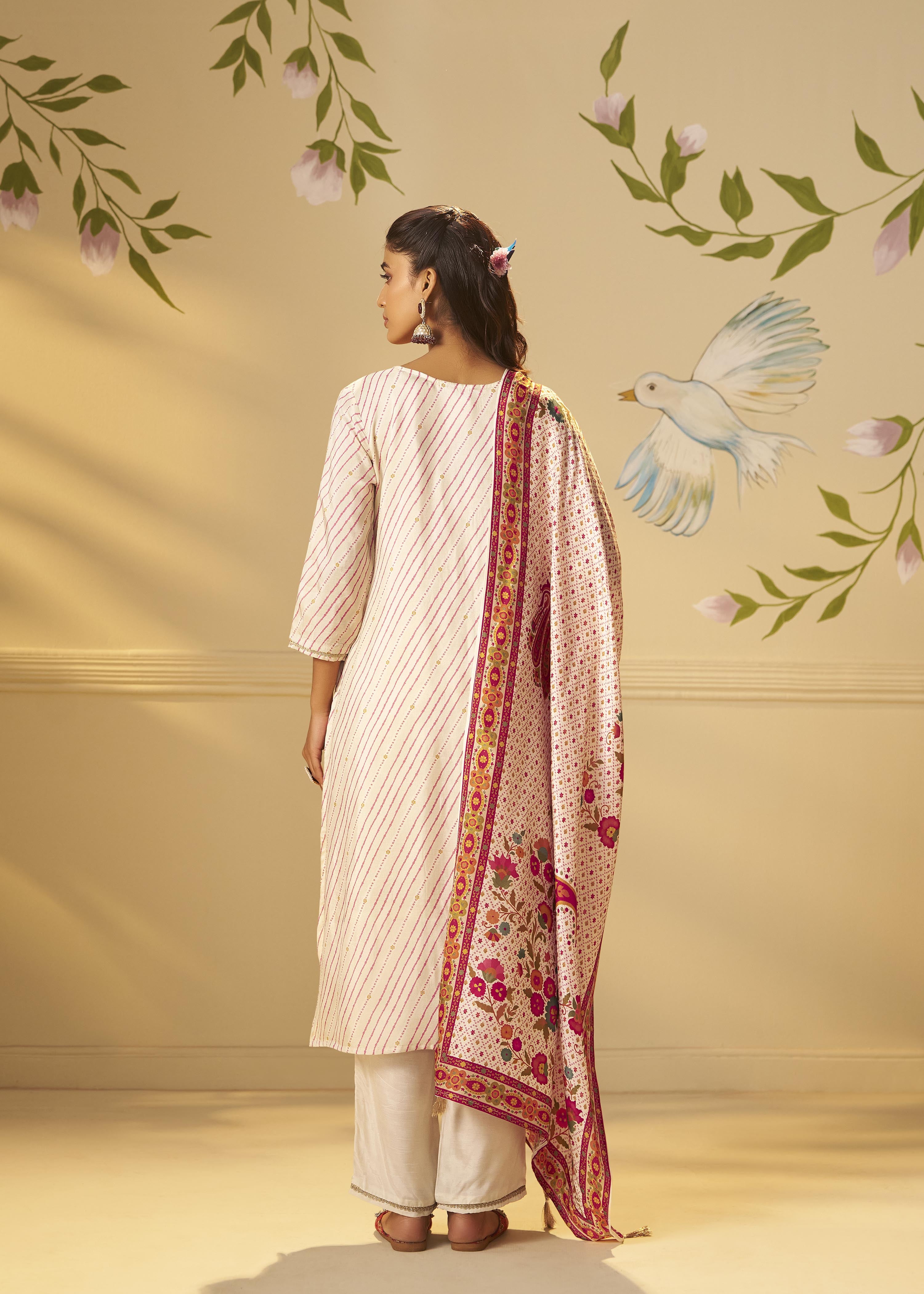 Rose-tinted Cream Position Print Viscose Jacquard Kurta Set