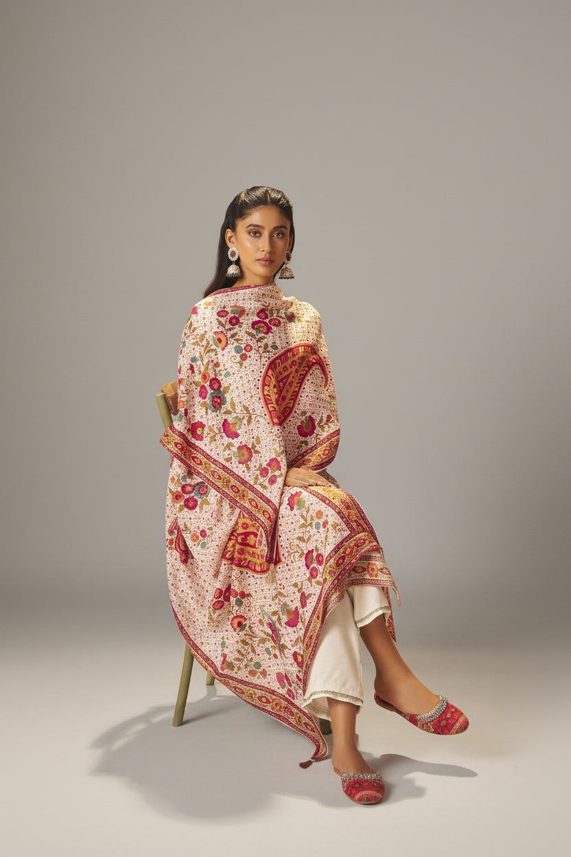 Rose-tinted Cream Position Print Viscose Jacquard Kurta Set